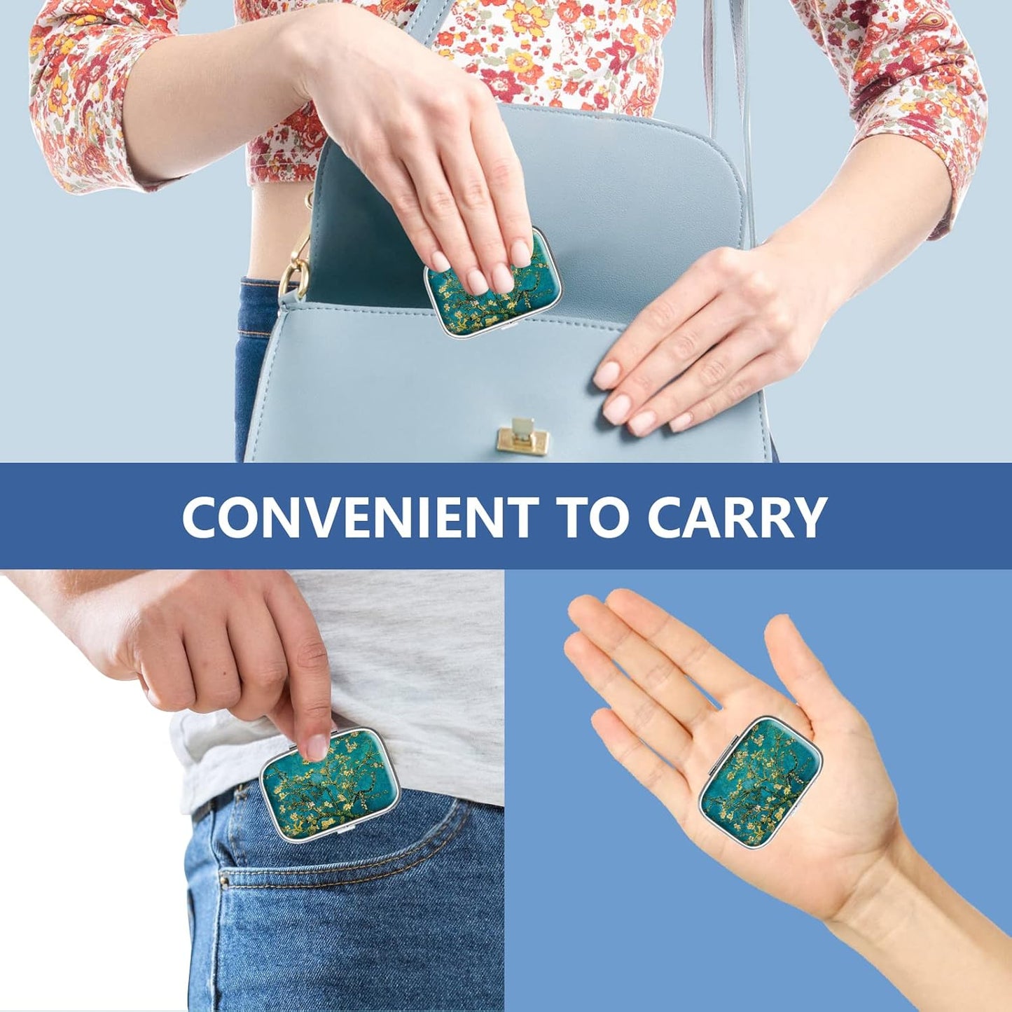 Pill Box 2 Compartment Small Pill Case,Portable for Pocket or Purse Pill Organizer Pill Container Holder to Hold Vitamins, Medication, Fish Oil and Supplements(Vintage Flower Abstract Floral)