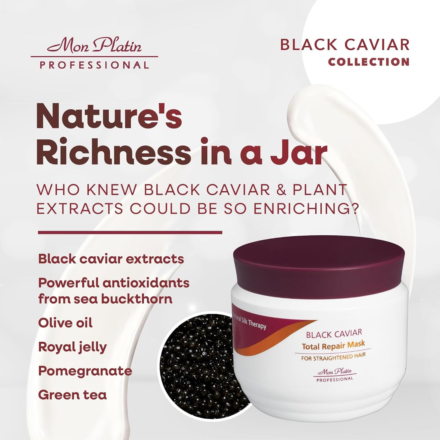 Mon Platin Professional Hair Conditioning Mask, Black Caviar Total Repair, 500ML, For Straightened Hair, Intensive Recovery, Deep Conditioning, SLS/Salt Free