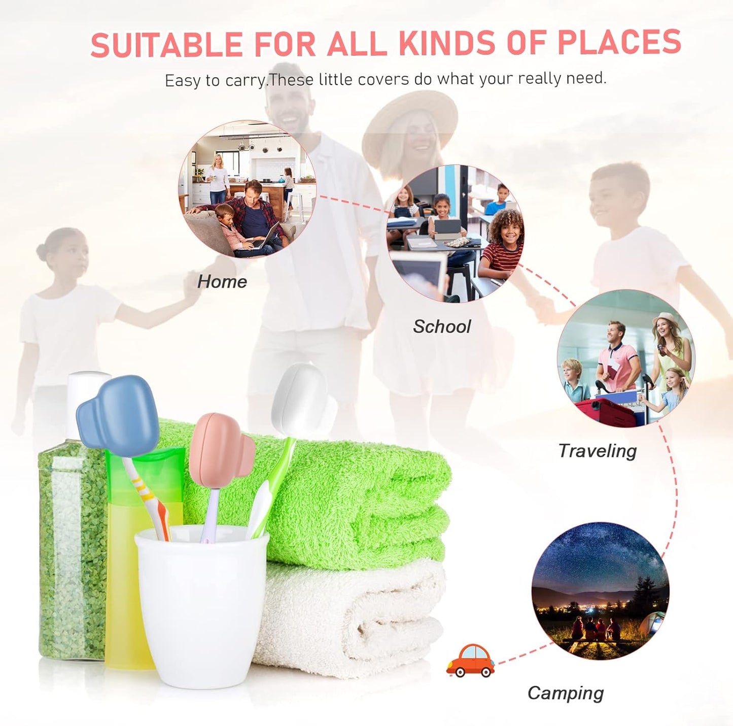 Toothbrush Covers Caps Family Pack:Tooth Brush Coveres Travel Case Protector Plastic Clip for Household Travel, Fits Electronic and Manual Toothbrushes for Adults Kids (4-color)