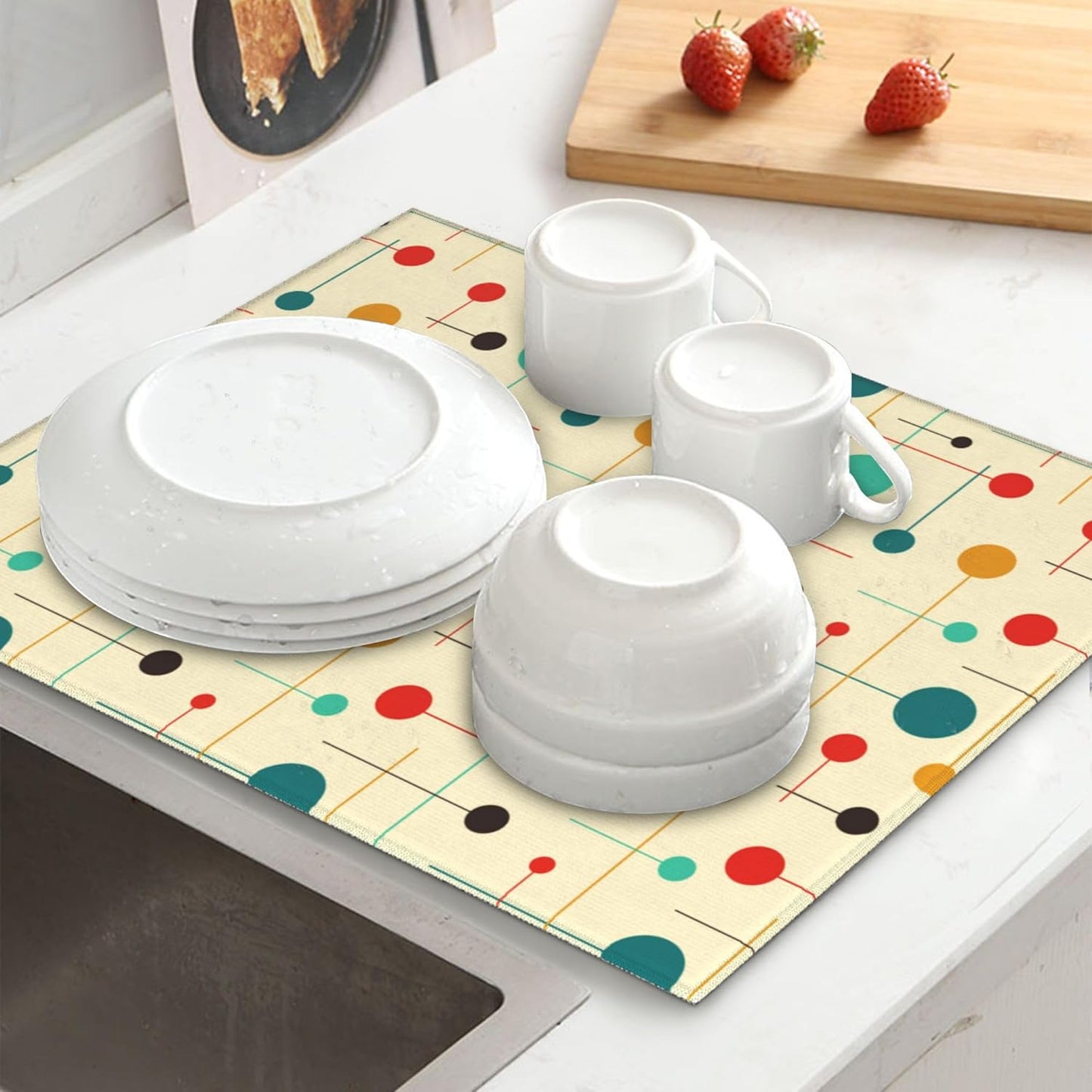 Mid Century Modern Atomic Retro Dish Drying Mat for Kitchen Counter Washable Drying Mat Absorbent Reversible Microfiber Yellow Drying Pad Kitchen Accessories 16"x18"