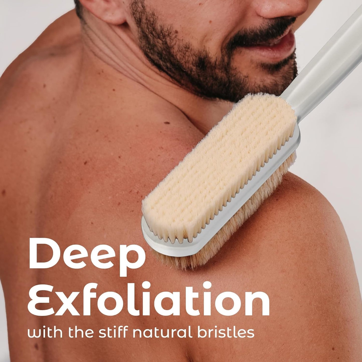 MainBasics Back Scrubber for Shower – Long Handle Dual-Sided Brush for Body Wash & Scrubbing with Exfoliating & Soft Bristles (White, Plastic)