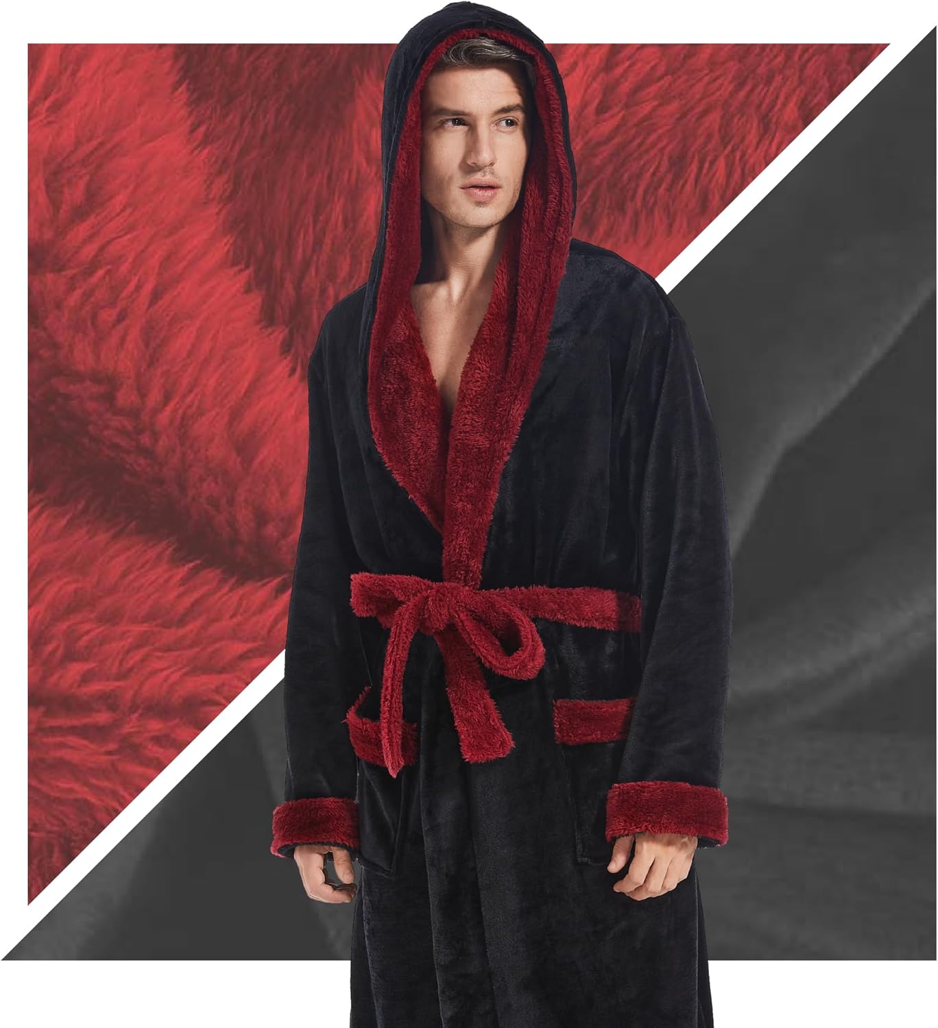 Inner Wish Mens Hooded Robe, Plush Long Bath robes Cozy Warm Bathrobe Fuzzy male Spa Robe With Pockets