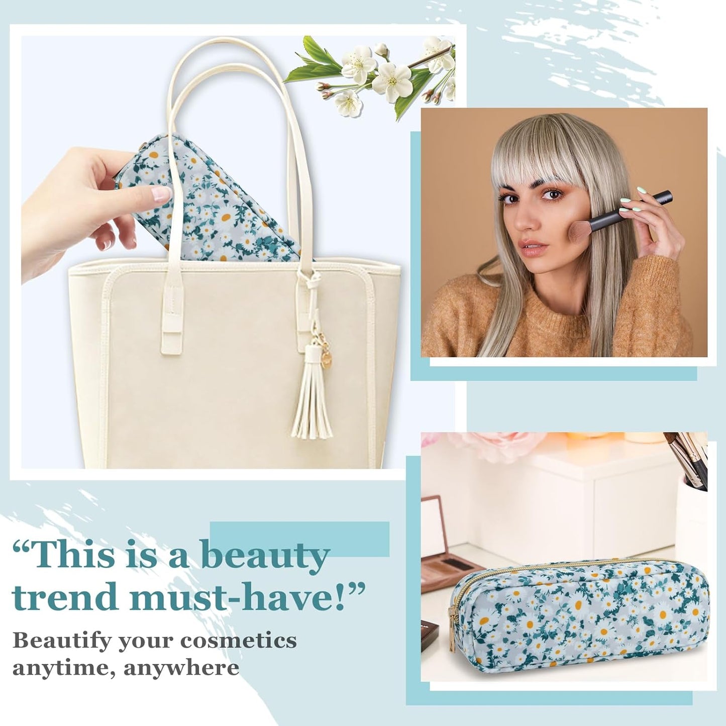 izuzta Nylon Small Floral Makeup Bag Slim Pouch, Preppy Cute Makeup Brush Case Bag Flower Cosmetic Zipper Pouch Purse, Waterproof Travel Toiletry Bag Coin Pouch Make Up Organizer Women(Green-Daisy)