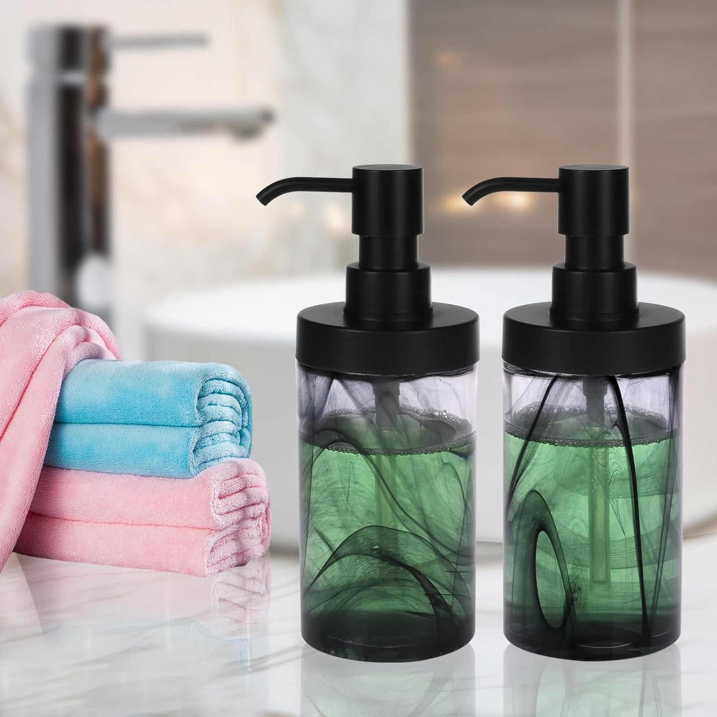 2-Pack Glass Soap Dispenser Set, 12.5 Oz Black Moire Pattern, Wide Mouth Easy Refill, Lead-Free Thick Glass Bottle with Matte Black Pump for Kitchen, Bathroom Sink Decor