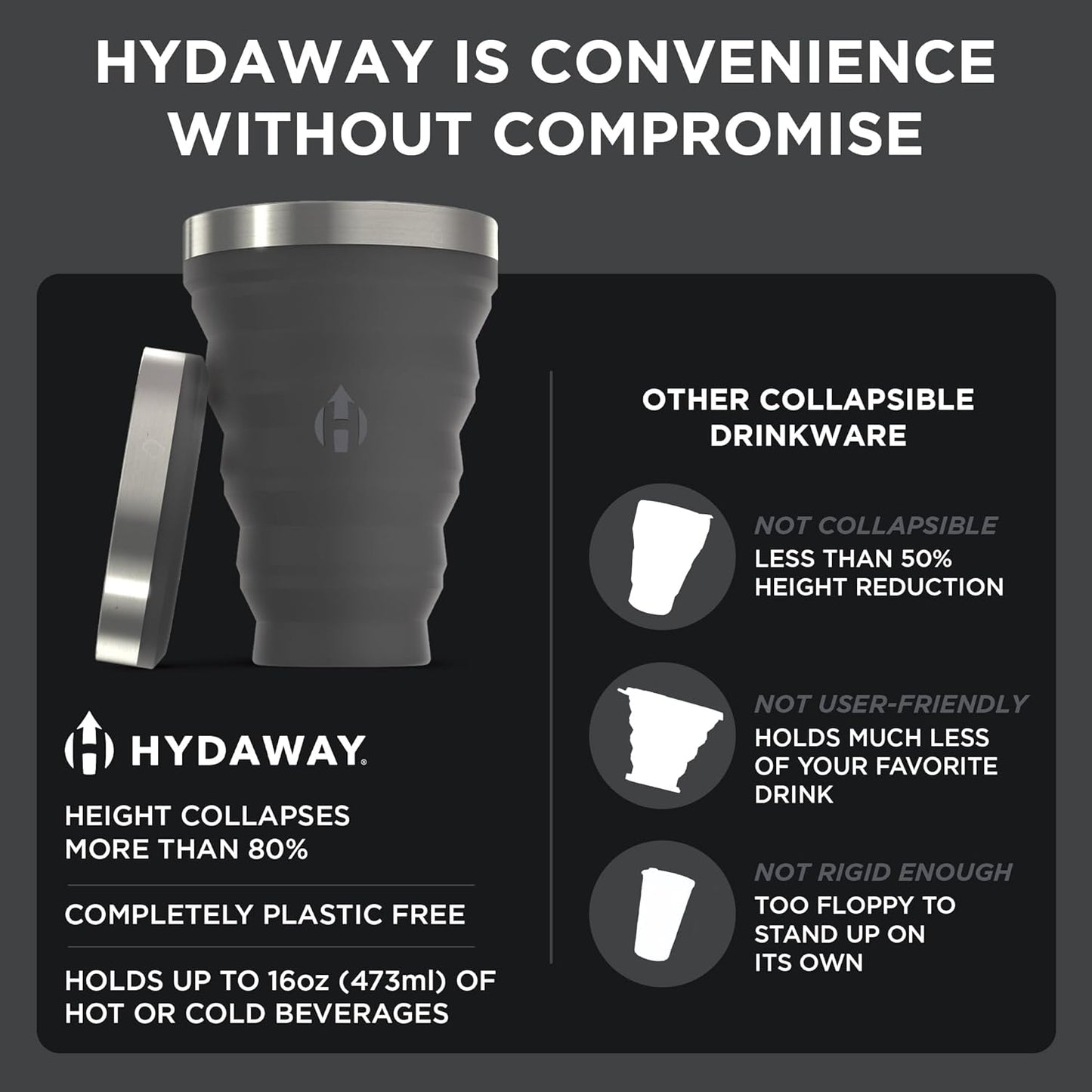 HYDAWAY 16oz Collapsible Pint - BPA-Free Silicone Cup with Stainless Steel Rim - Reusable, Packable, and Durable for Camping, Travel & Everyday Use
