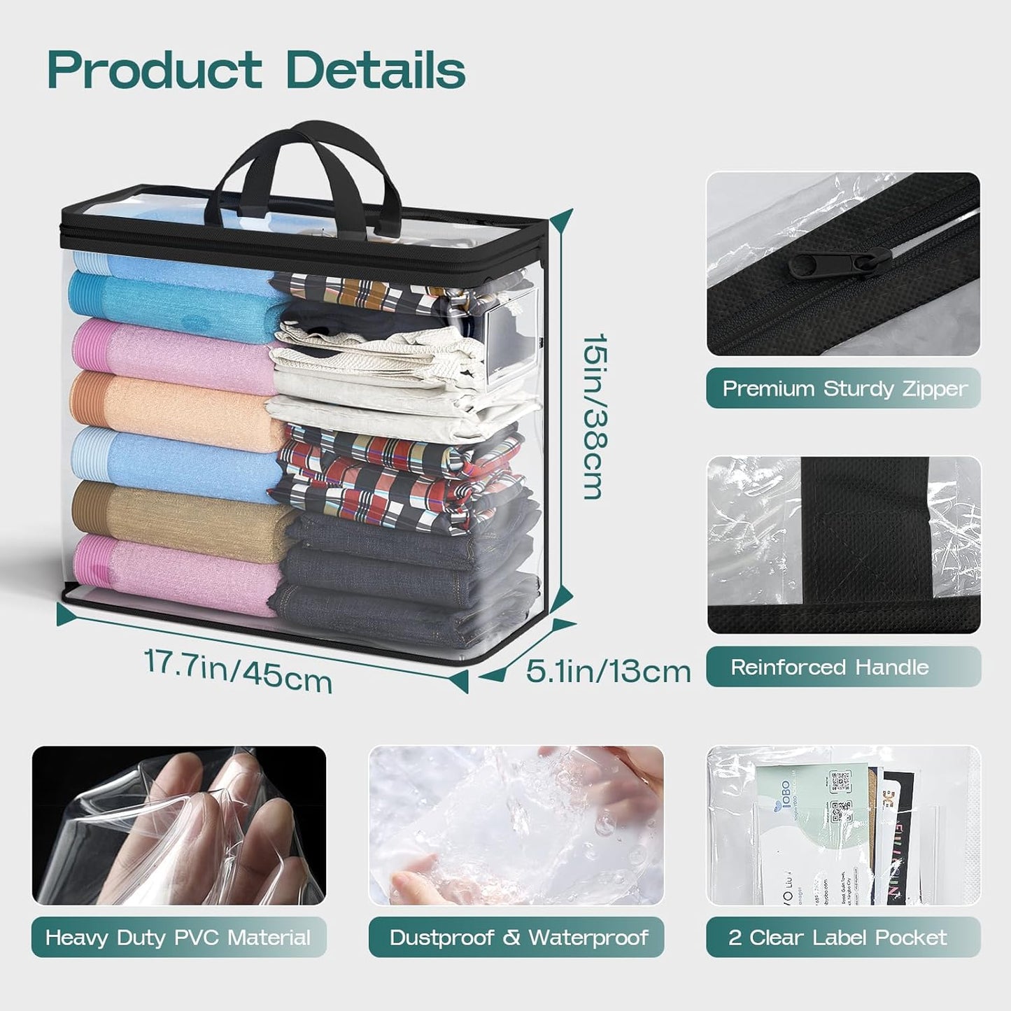 10PACK Clear Zippered Storage Bag for Clothes, 22L Clear Storage Bags, and Blanket Storage Bags for Bedding, Linen, Blankets, Comforters, Clothing & Toys (Black)