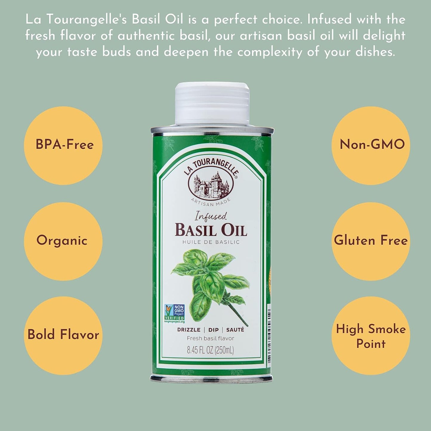La Tourangelle, Basil Oil, Expeller-Pressed High-Oleic Oil, Great for Salads, Finishing Oil, Spread, Sauce, Dips, 8.45 fl oz (Pack of 2)