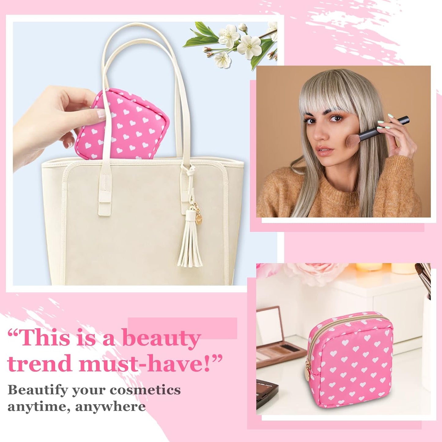 Nylon Mini Makeup Bag for Purse - Small Cute Cosmetic Zipper Pouch - Waterproof Travel Coin Pouch - Sanitary Napkin Storage - Make Up Organizer for Women & Girls (Pink Heart)