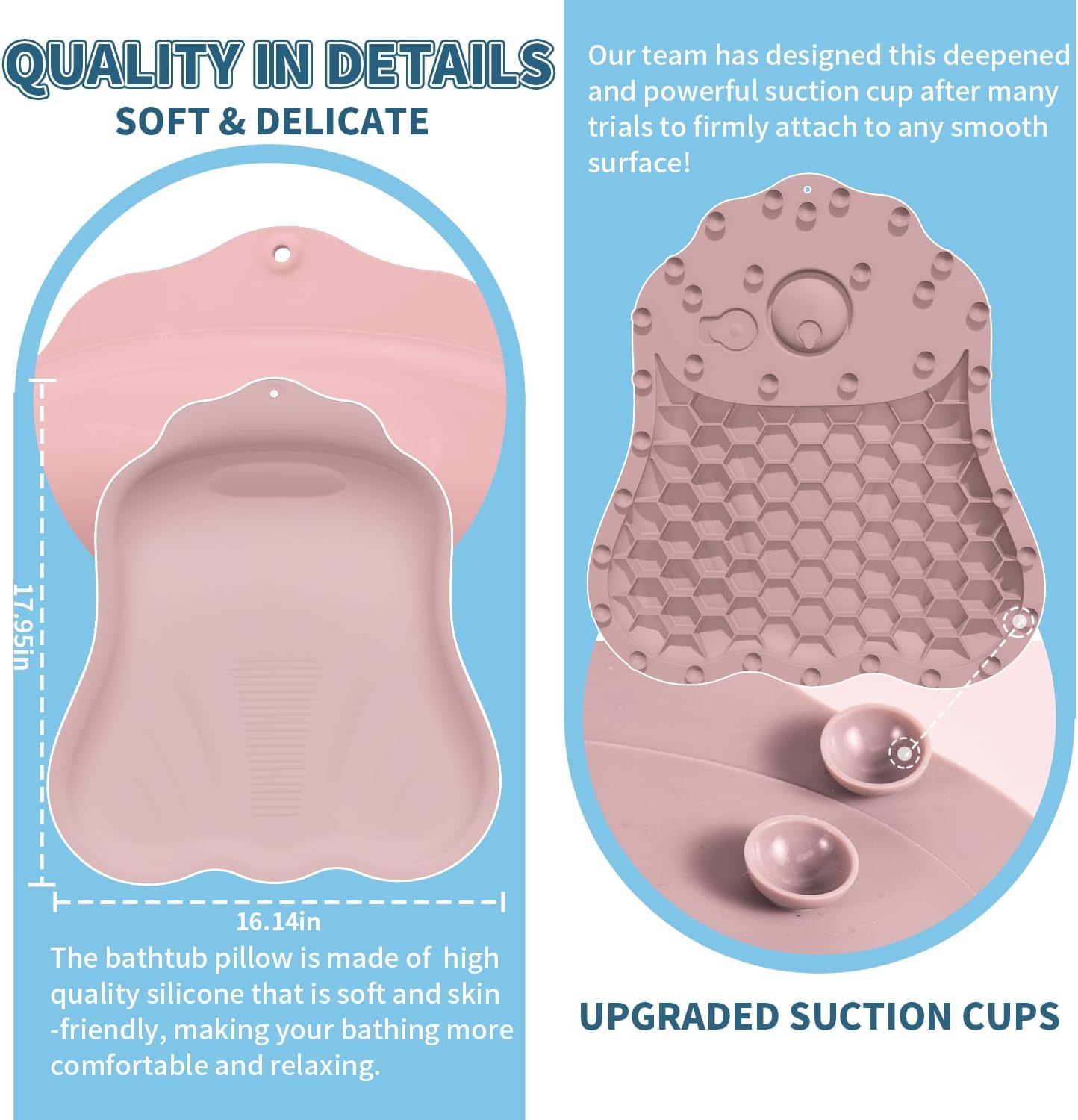 Silicone Bath Pillow for Tub – Ergonomic Bathtub Headrest with Inflatable Air Cushion, Non-Slip Suction Cups & Neck/Back Support – Comfortable Spa Bath Accessory for Relaxation (Pink)