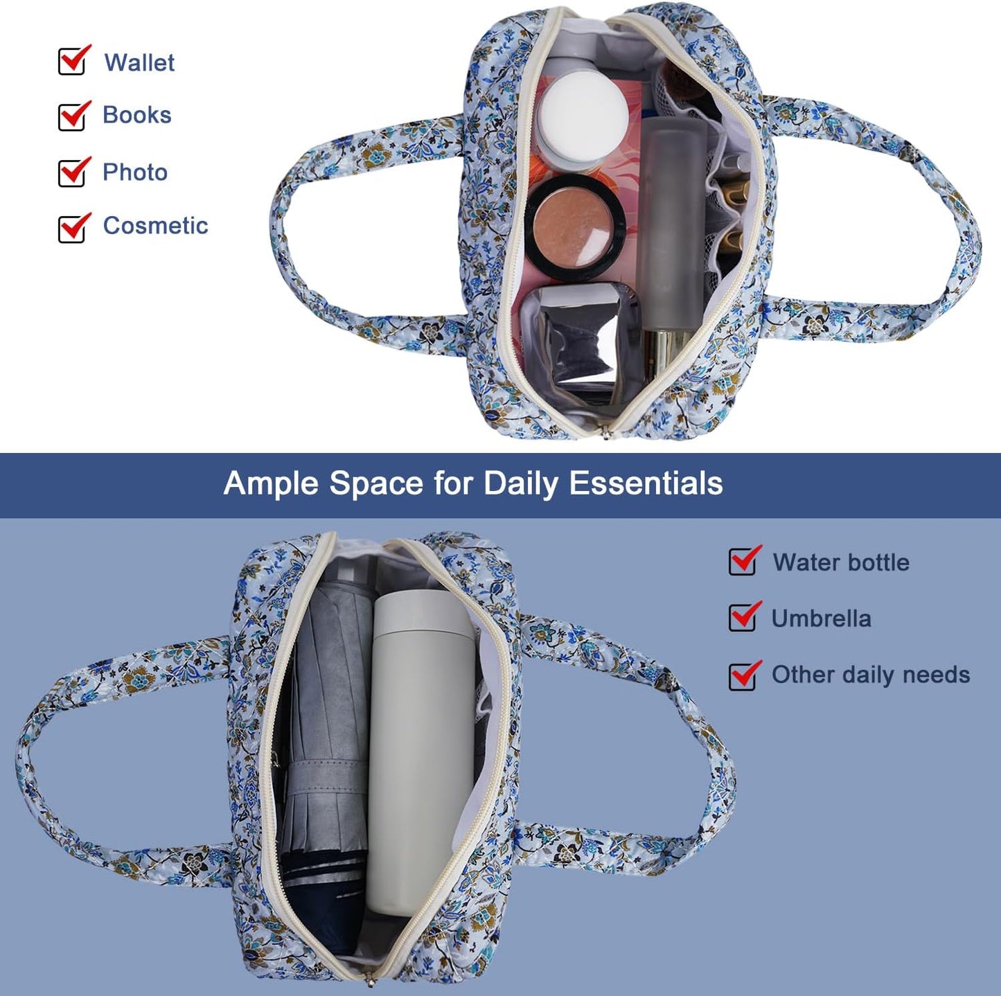 Cute Quilted Floral Makeup Bag(2Pcs),Coquette Aesthetic Cosmetic Bag,Travel Toiletry Bags, Kawaii Aesthetic pouch for Women (14-BlueVine)