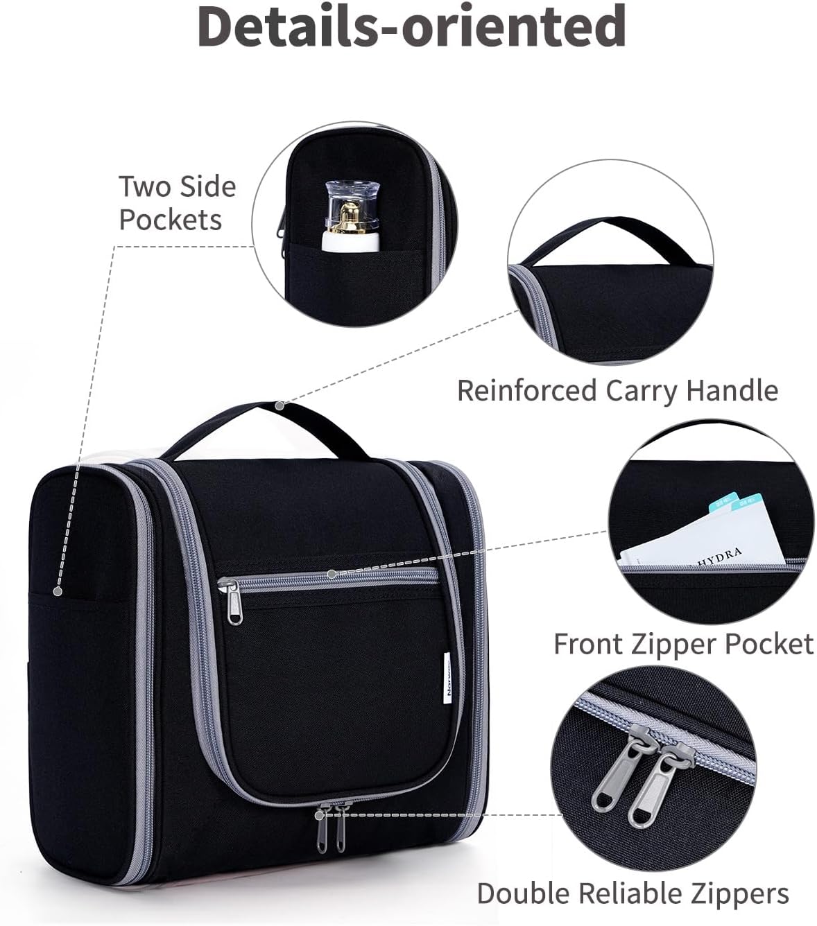 Narwey Hanging Toiletry Bag for Women Travel Makeup Bag Organizer Toiletries Bag for Cosmetics Essentials Accessories (Large, Black)