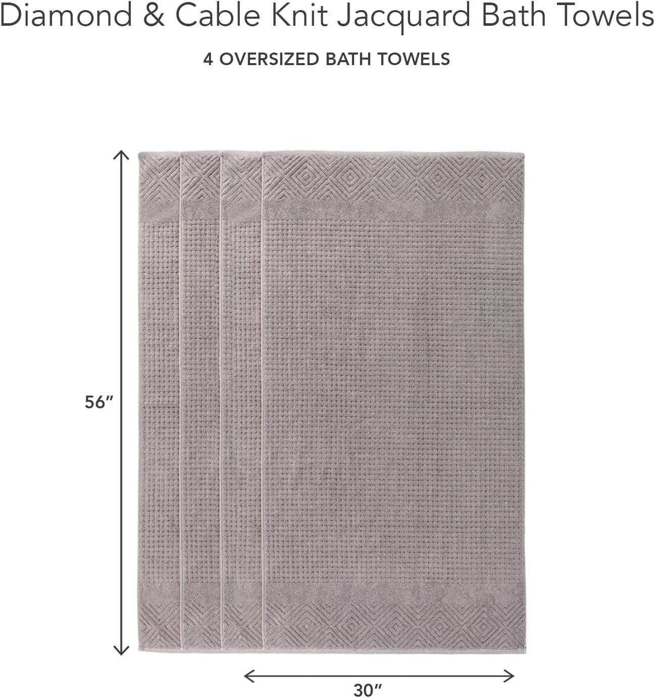 Texere 100% Organic Cotton Diamond Jacquard 700 GSM Luxury Bath Towel Sets - Ultra Soft and Absorbent Hotel and Spa Quality (Diamond, Cathedral Gray, 4 Bath Towels)