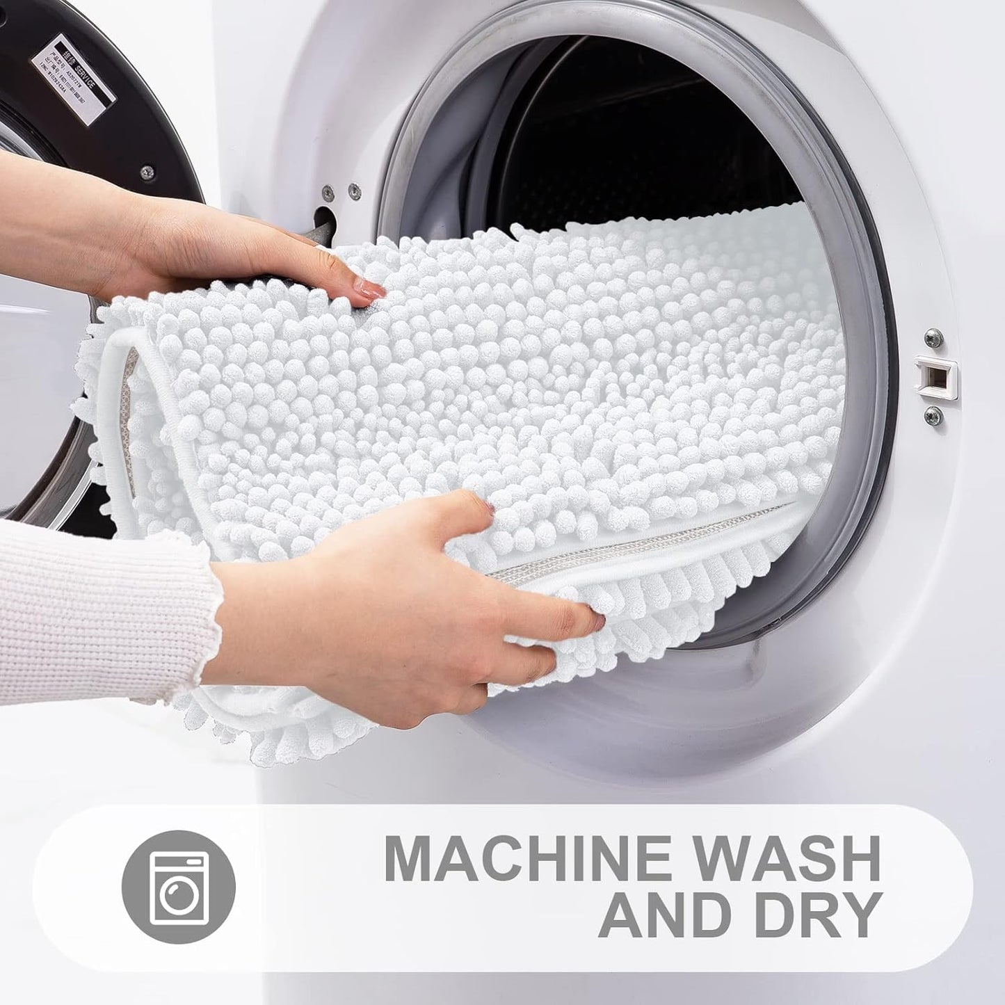 Grandaily Chenille Striped Bathroom Rugs 47x32, Extra Thick and Absorbent Bath Mats, Non-Slip Soft Plush Shaggy Shower Carpet, Machine Wash Dry, Bath Rug for Bathroom, White