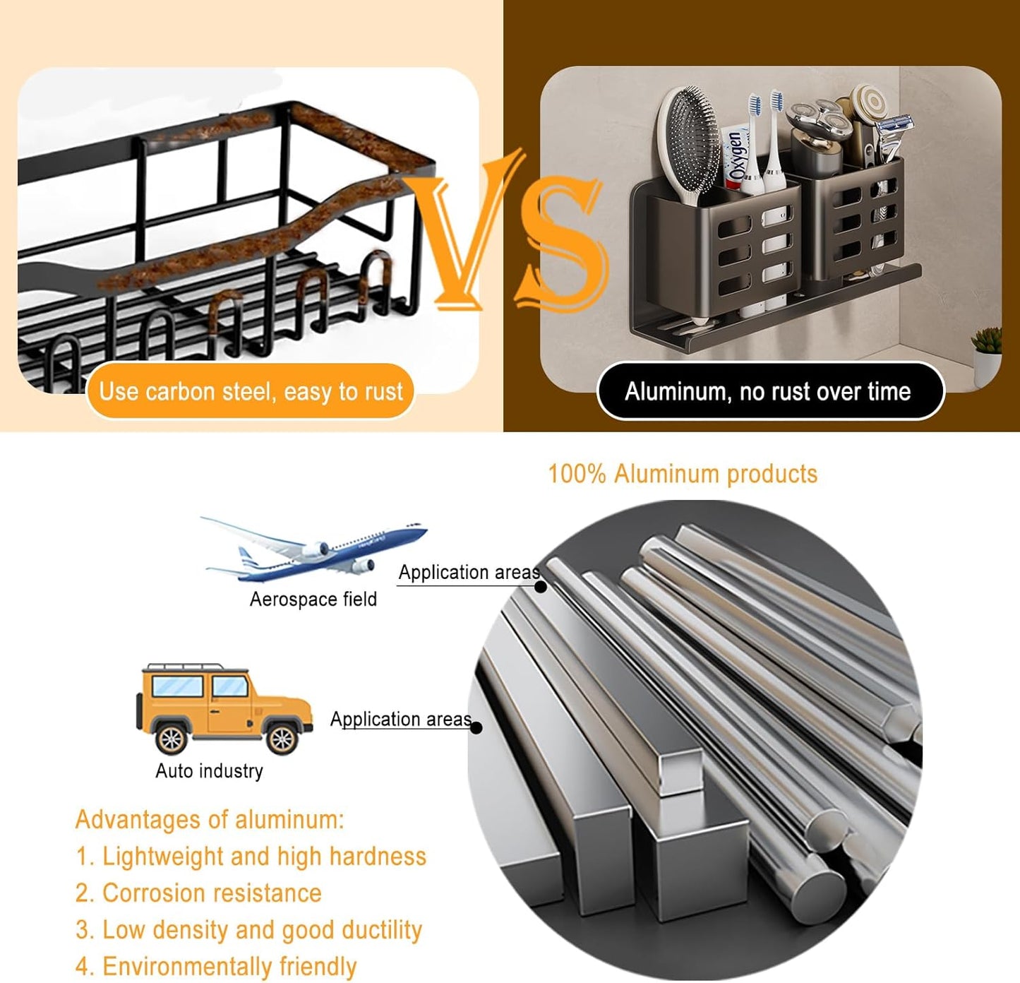 Aluminum Toothbrush Holder Self-Adhesive Hanging Bracket Shower Toothbrush Razor Holder Suitable for Toothbrush, Toothpaste, Razor and Comb etc Bathroom Storage