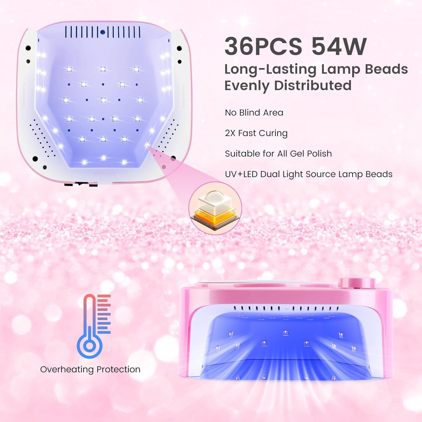 Lavinda 54W UV LED Nail Lamp, Professional UV Light for Gel Nails Rechargeable Cordless Nail Dryer with 4 Timer Settings & Auto Sensor, Fast Curing Gel Light for Home and Salon Use Diamond Dust Design