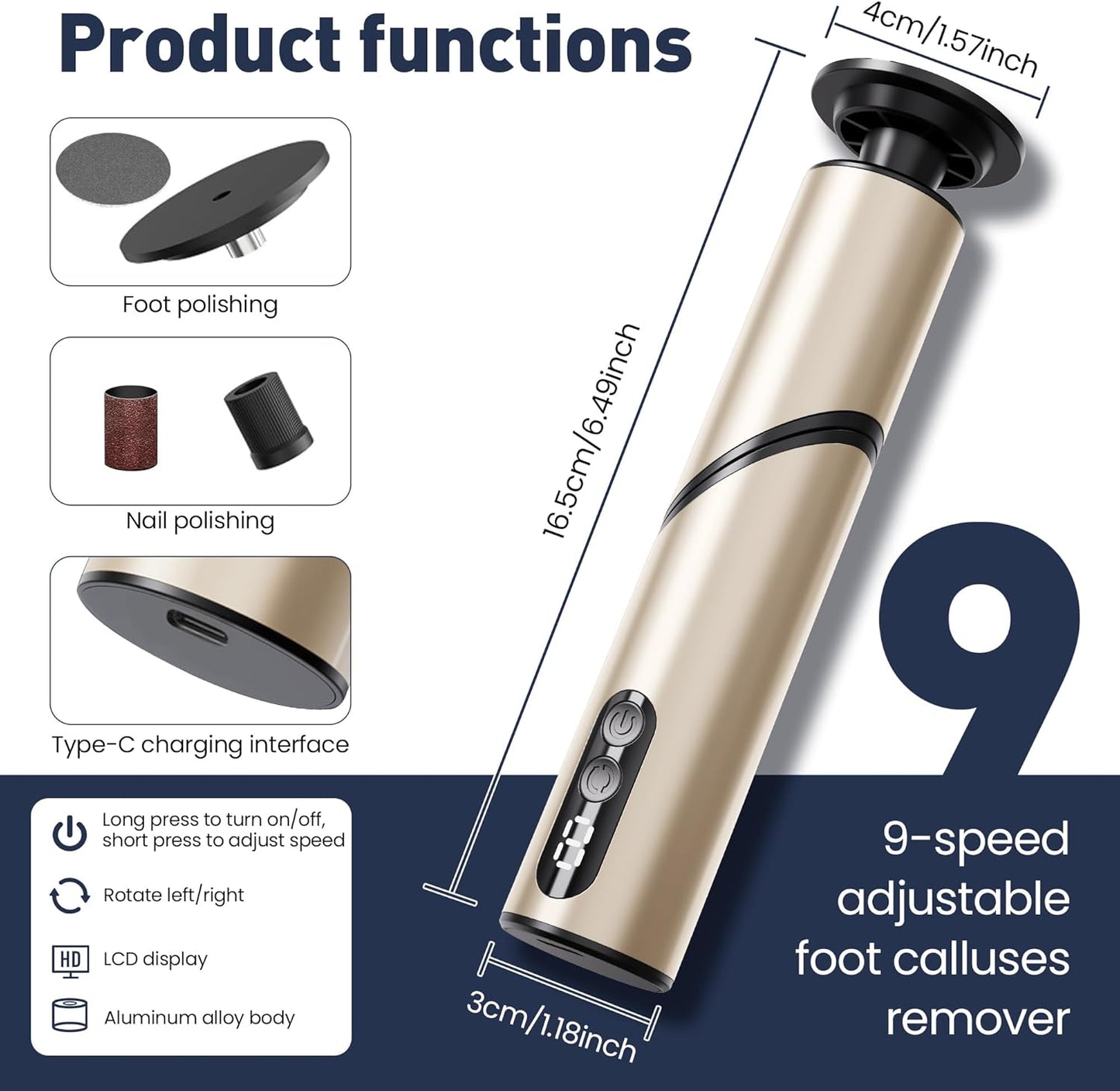 Electric Foot Callus Remover,2 in1 Rechargeable Callus Remover for Feet,9-Speed Cordless Electric Foot File Nail Grinder,Foot Scrubber Pedicure Tools for Dead Skin Dry Cracked Feet(Fold Gold)