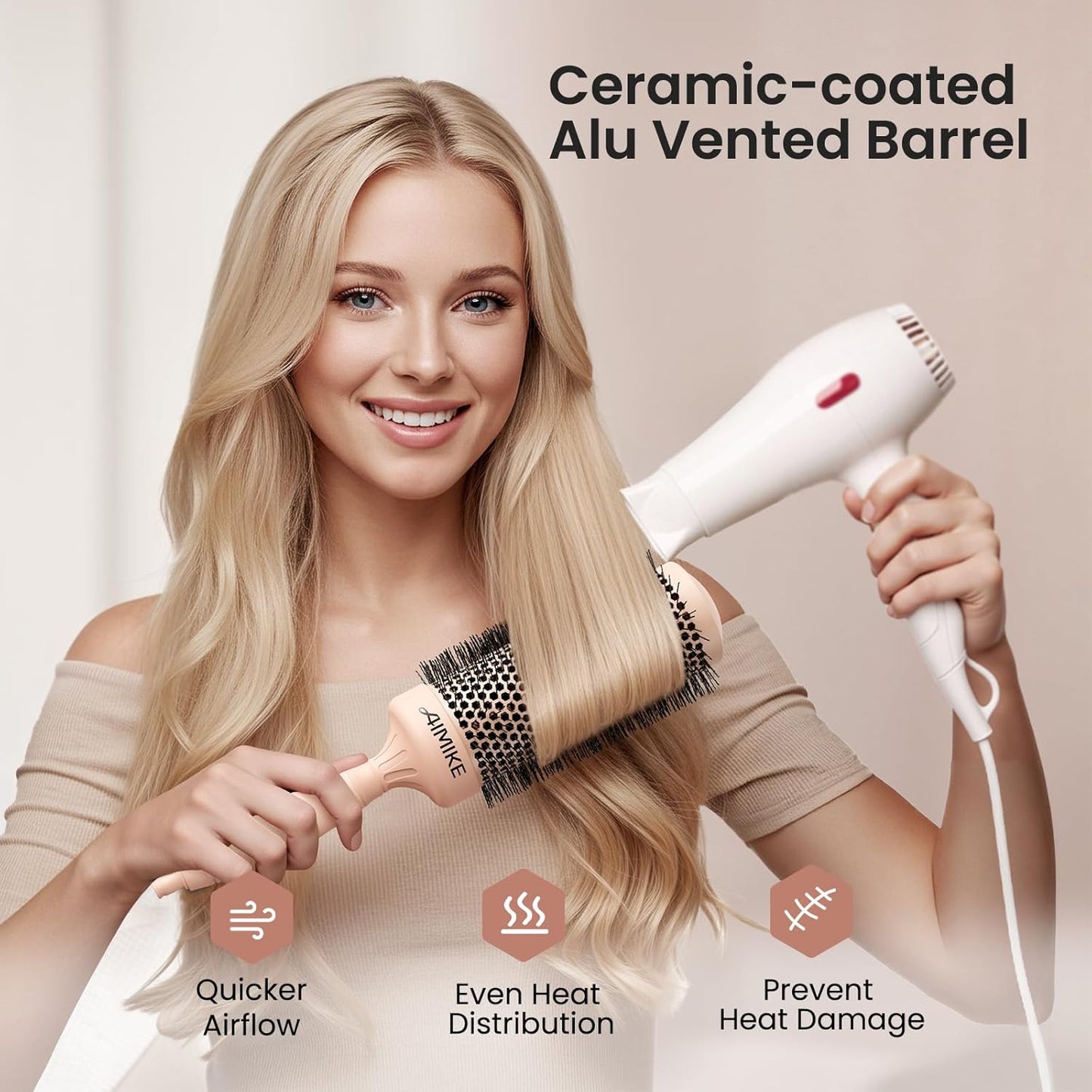 AIMIKE Round Brush for Blow Out, Extra Long Round Hair Brush w/Nano Thermal Ceramic & Ionic Tech, for Blow Drying & Styling, Curling and Shine - Barrel 2.1 inch