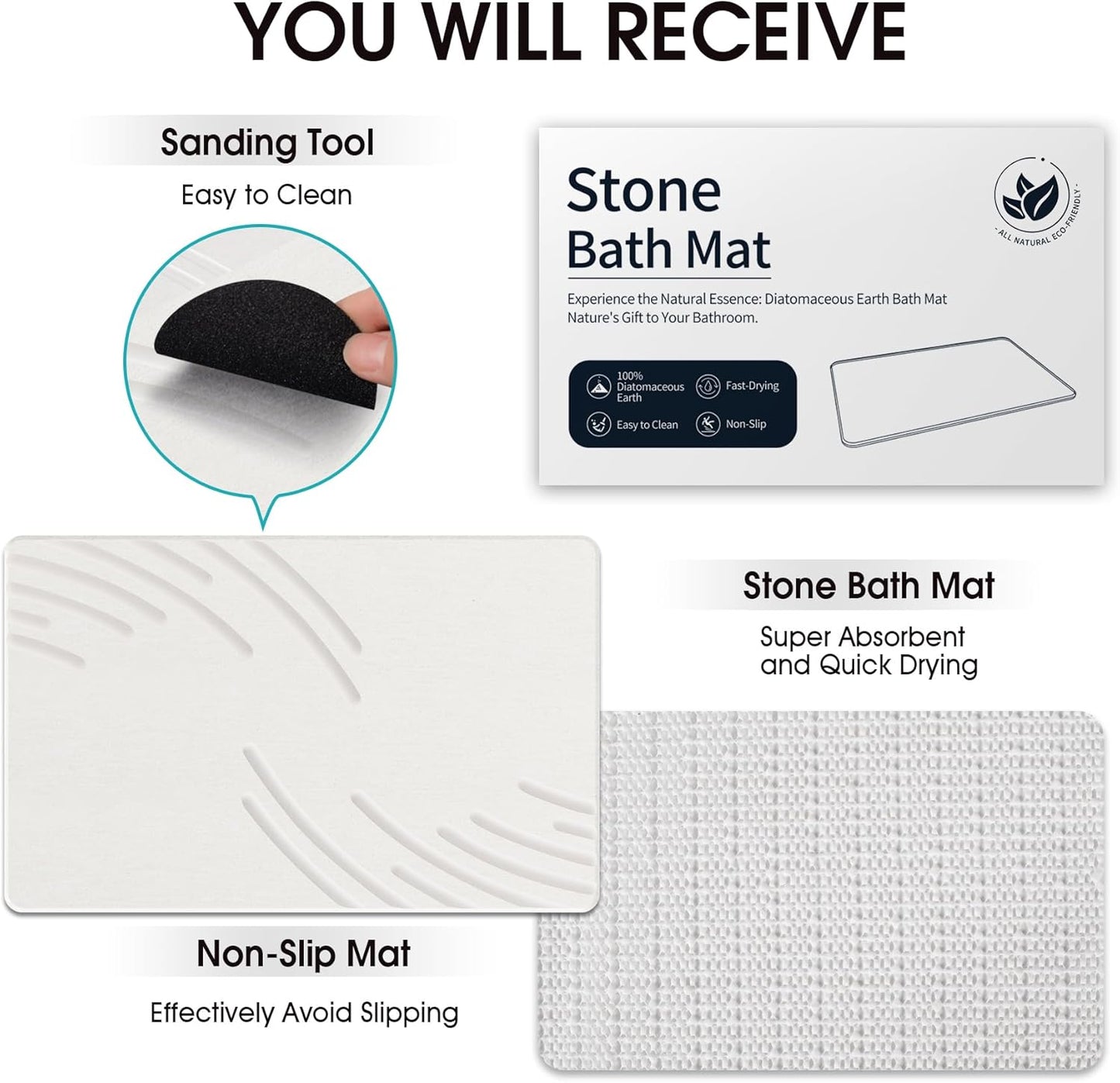 Stone Bath Mat Diatomaceous Earth Shower Mat Super Absorbent Non-Slip Diatomite Stone Bath Mats for Bathroom Floor Quick-Drying Natural Easy to Clean(24 * 16'')