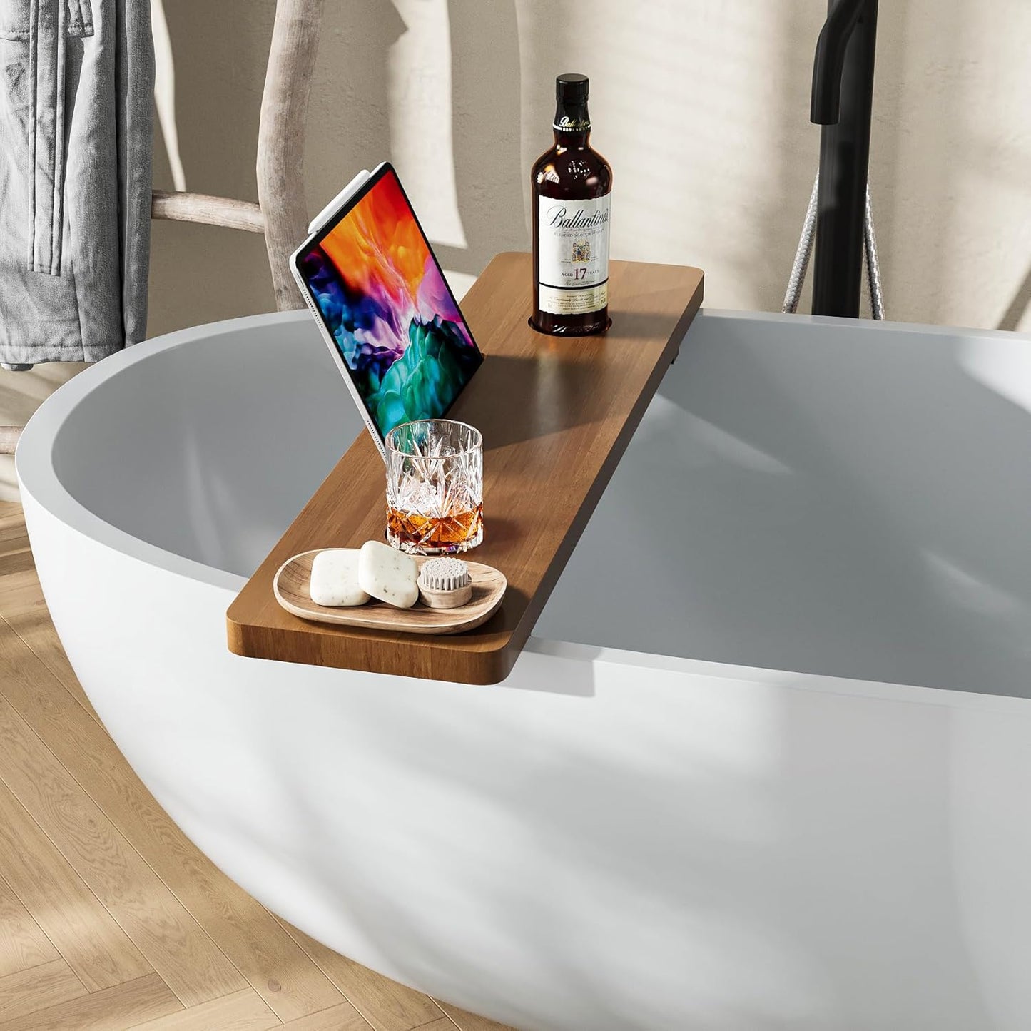 Premium 1.2IN Thickened African Solid Teak Bathtub Tray, 35” Waterproof Bath Caddy with Adjustable Legs, Bathtub Accessories, Fits Most Bath Tubs