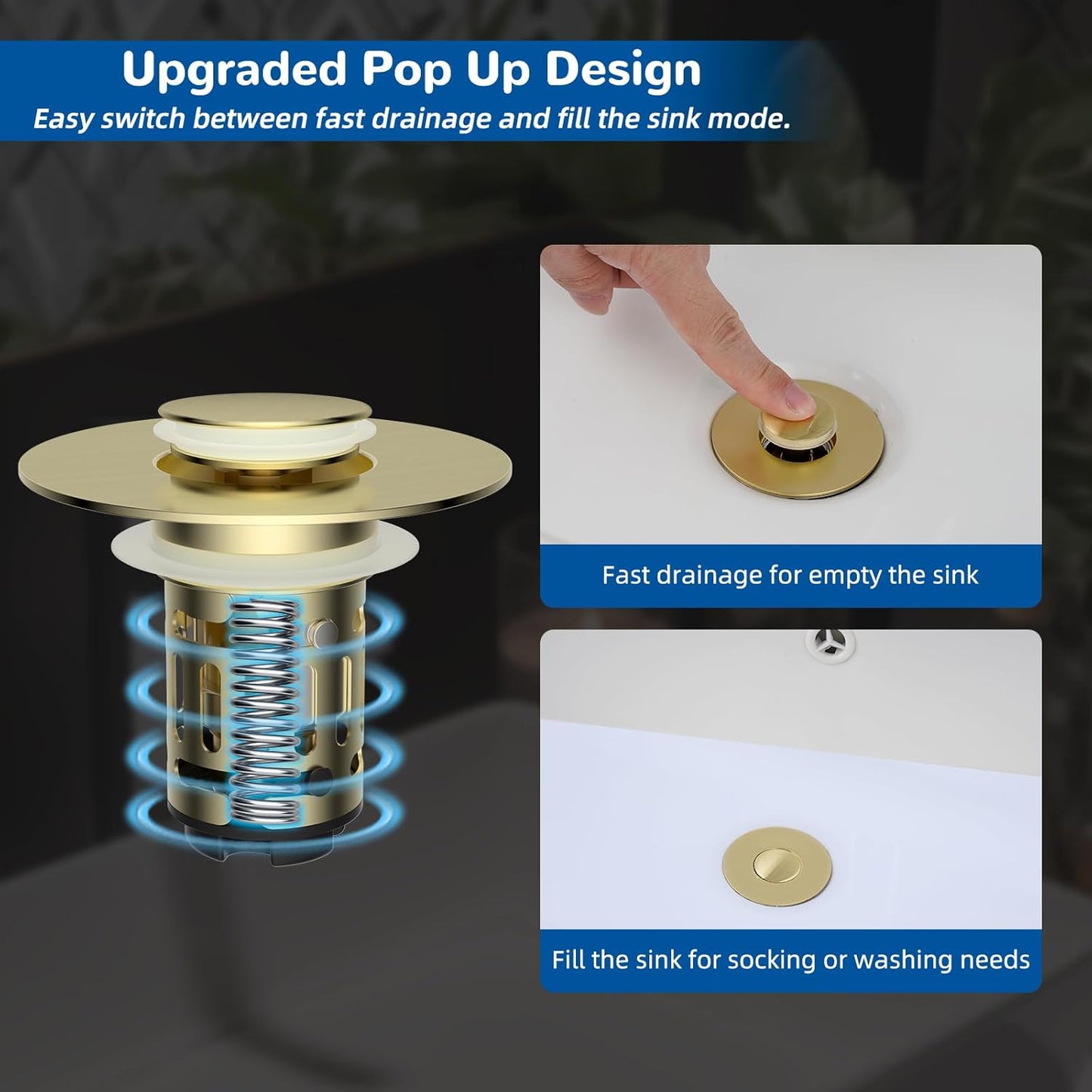 Hibbent Upgraded 3 in 1 Bathroom Sink Drain Strainer, Universal Pop Up Stopper with Removable Stainless Steel Filter Basket Hair Catcher, Sink Plug for 1.1''~2.36'' Basin, Brass Core, Brushed Gold