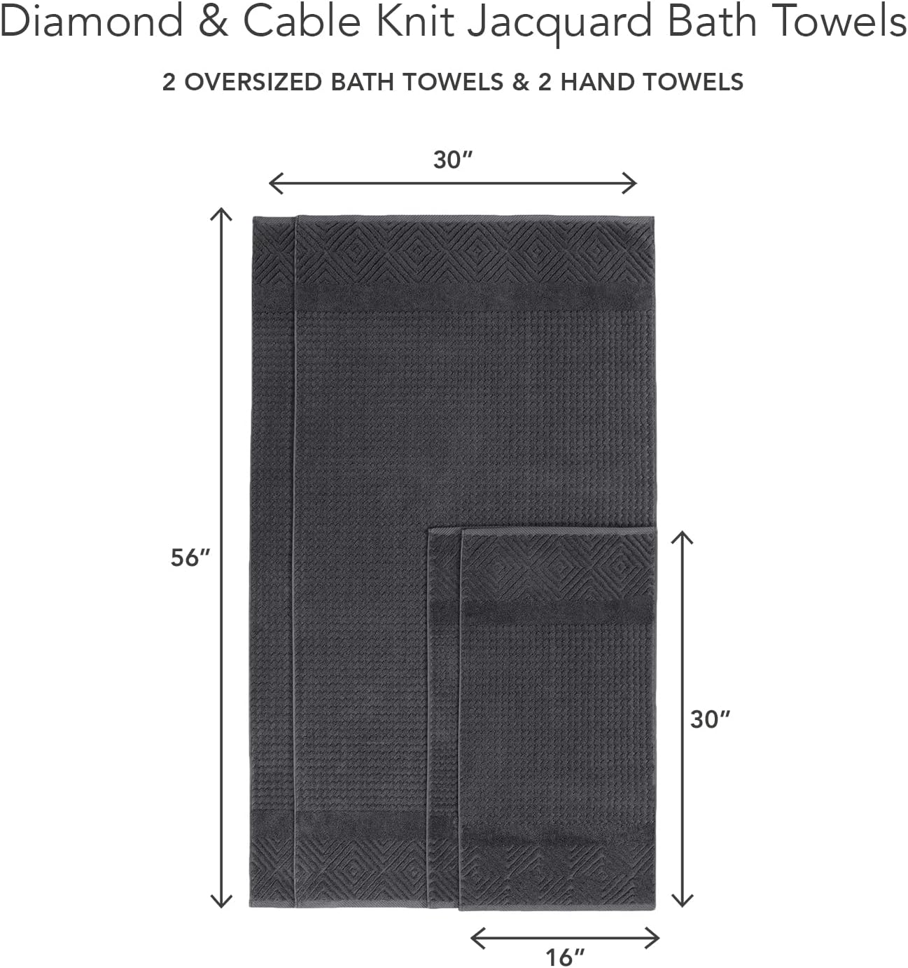 Texere 100% Organic Cotton Diamond Jacquard 700 GSM Luxury Bath Towel Sets - Ultra Soft and Absorbent Hotel and Spa Quality (Diamond, Charcoal, 2 Bath & 2 Hand Towels)