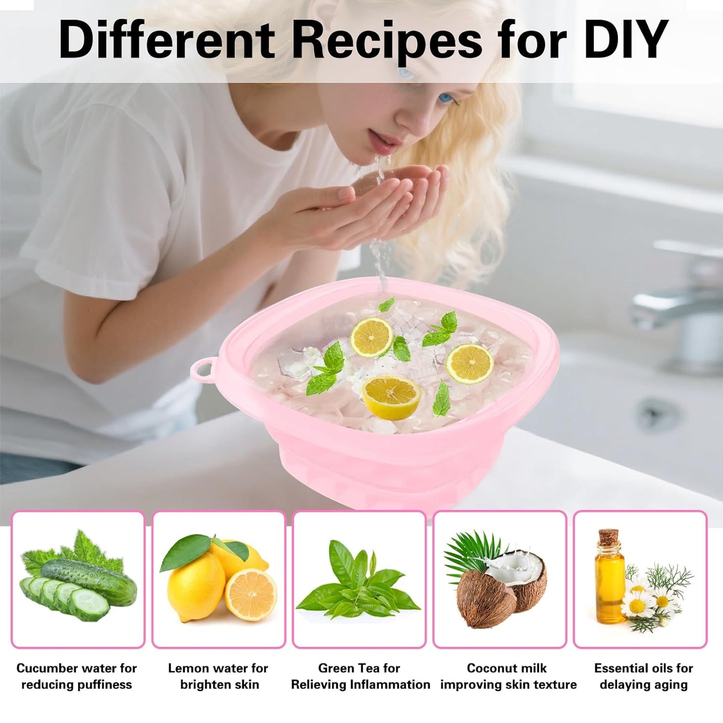 Face Bowl for Ice with Built-in IceTray,Collapsible Silicone Face Ice Bowl – Cold Plunge Therapy for Skin Tightening & Facial Treatment– Portable Spa Tool for Home & Travel(Pink) 