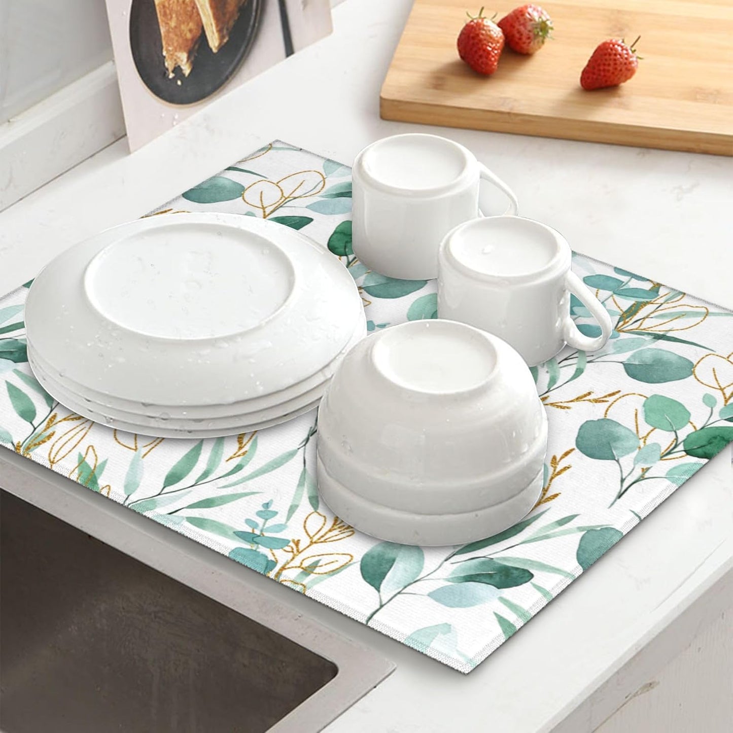 Sage Green Leaves Dish Drying Mat for Kitchen Counter Cute Botanical Dish Drainer Rack Mats 16"x18" Absorbent Reversible Drying Pad Spring Summer Kitchen Decor