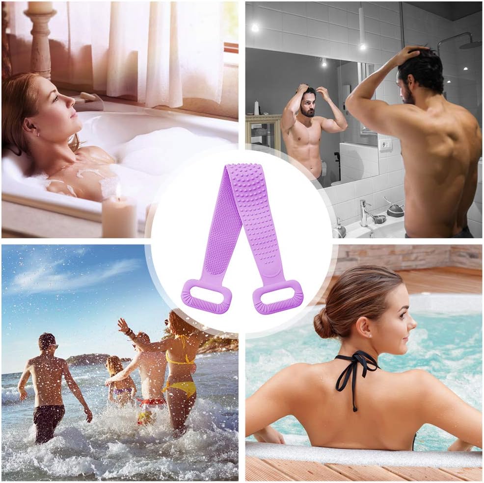 Inmorven Exfoliating Back Scrubber for Shower with Handles, 30 Inch Double-Sided Back Exfoliator Body Scrub Towel, Exfoliating Washcloth Bath Tool for use in Shower, Clean Skin for Men & Women(Purple)