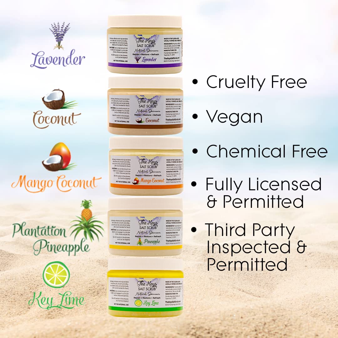 The Keys Salt Scrub -Sea Salt Scrub - Exfoliating Body Scrub with Wooden Spoon - Moisturizing Exfoliator for Hands, Foot, Bath, (3.4 Ounce (Pack of 3), Key Lime)
