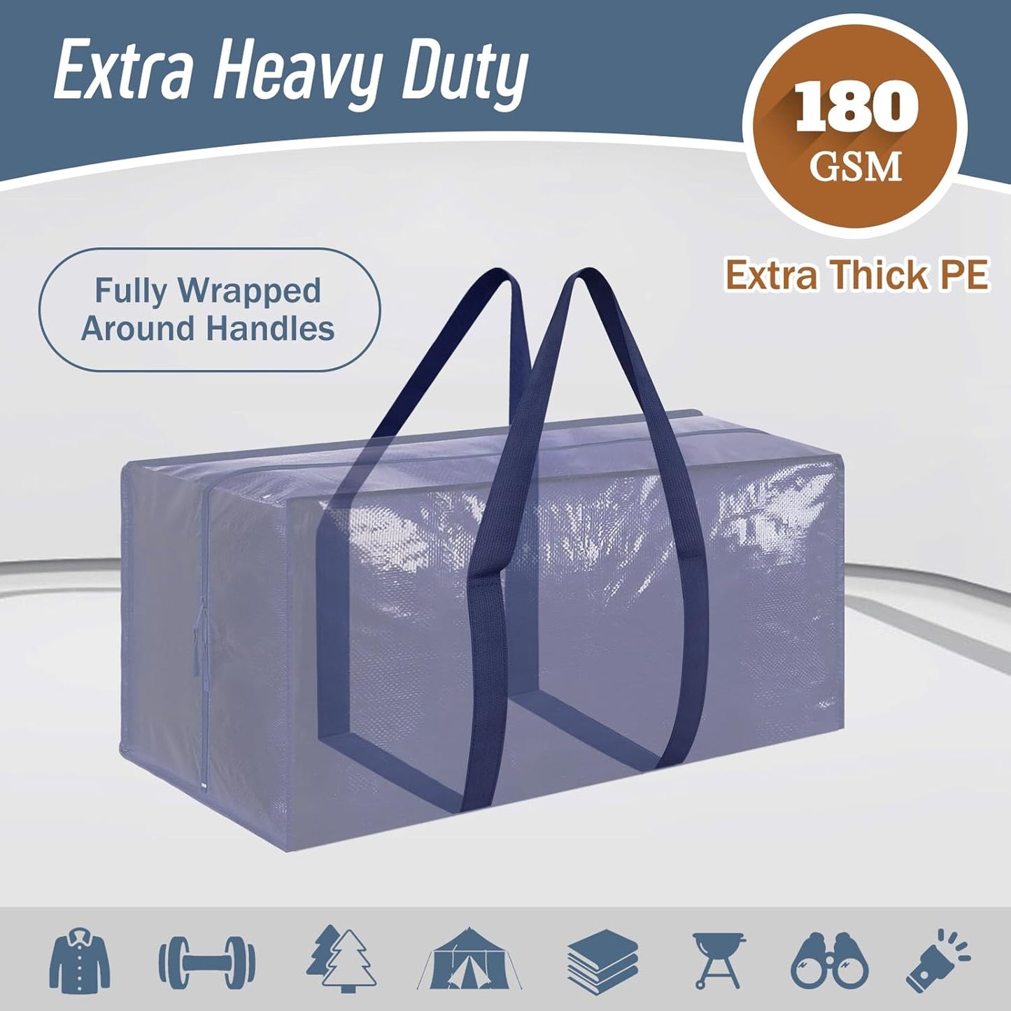 12 Pack Extra Heavy Duty Large Moving Bags with Strong Zipper & Comfortable Handles, Sturdy & Durable Clothes Storage Bags Totes Bins, Packing Moving Boxes for College Supplies, Dark Blue