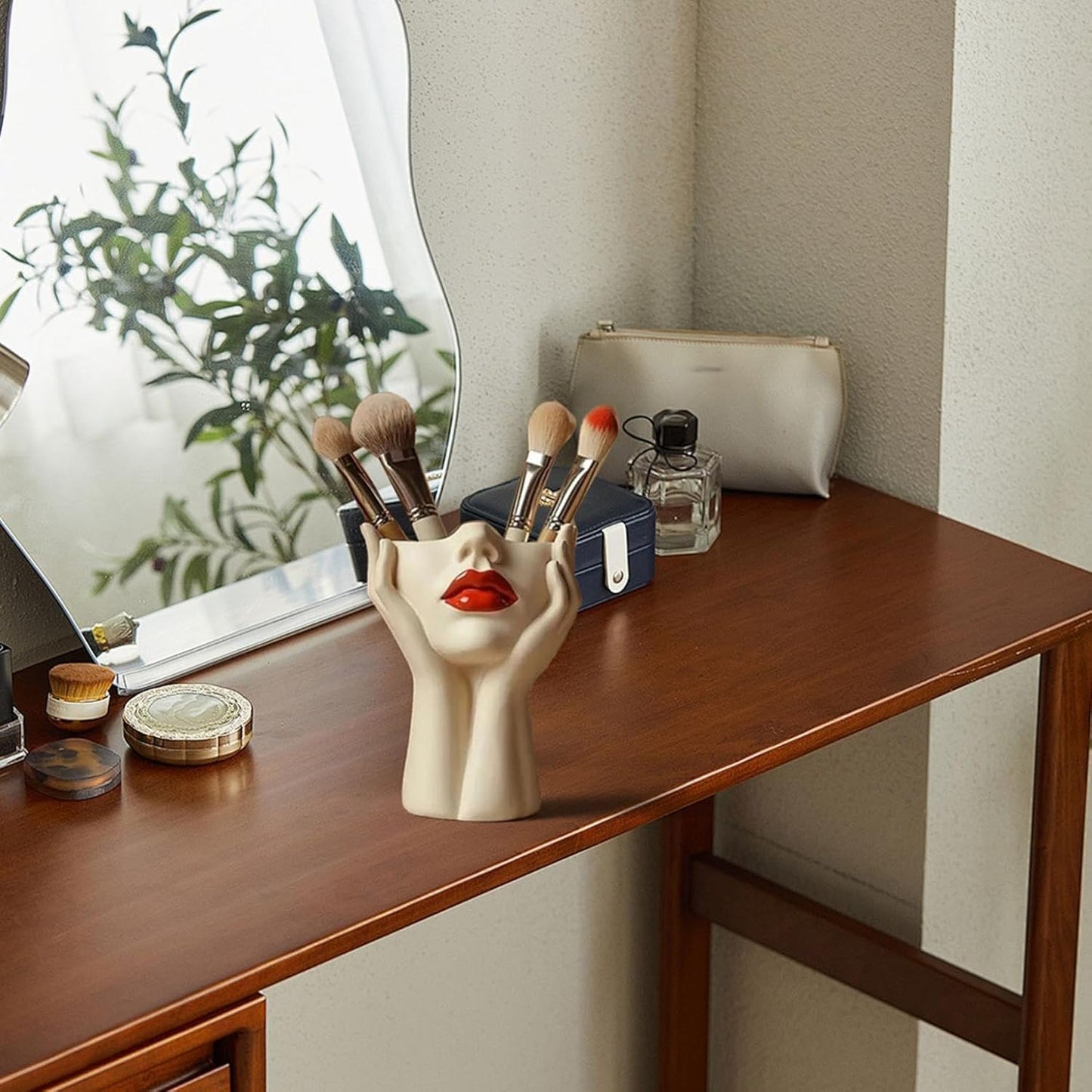 Makeup Brush Organizer, Boho Women Head Shape Sculpture, Modern Desk Decor Pen Holder, White Female Face Vase Bookshelf Decor, Office Shelf Organizer for Vanity, Living Room, Home (Beige 2)