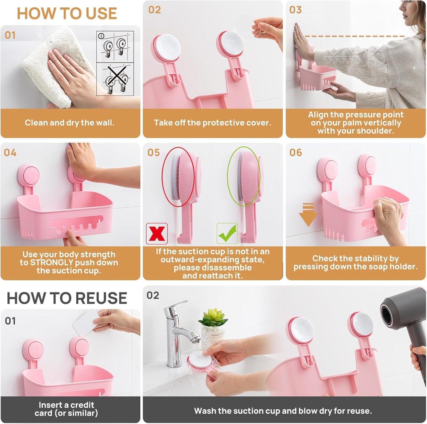 LEVERLOC Shower Caddy Suction Cup 2 Pack, Shower Organizer Removable Bathroom Shelf, Storage Suction Powerful Max Hold 22lbs Bathroom Caddy Waterproof Holder, Pink