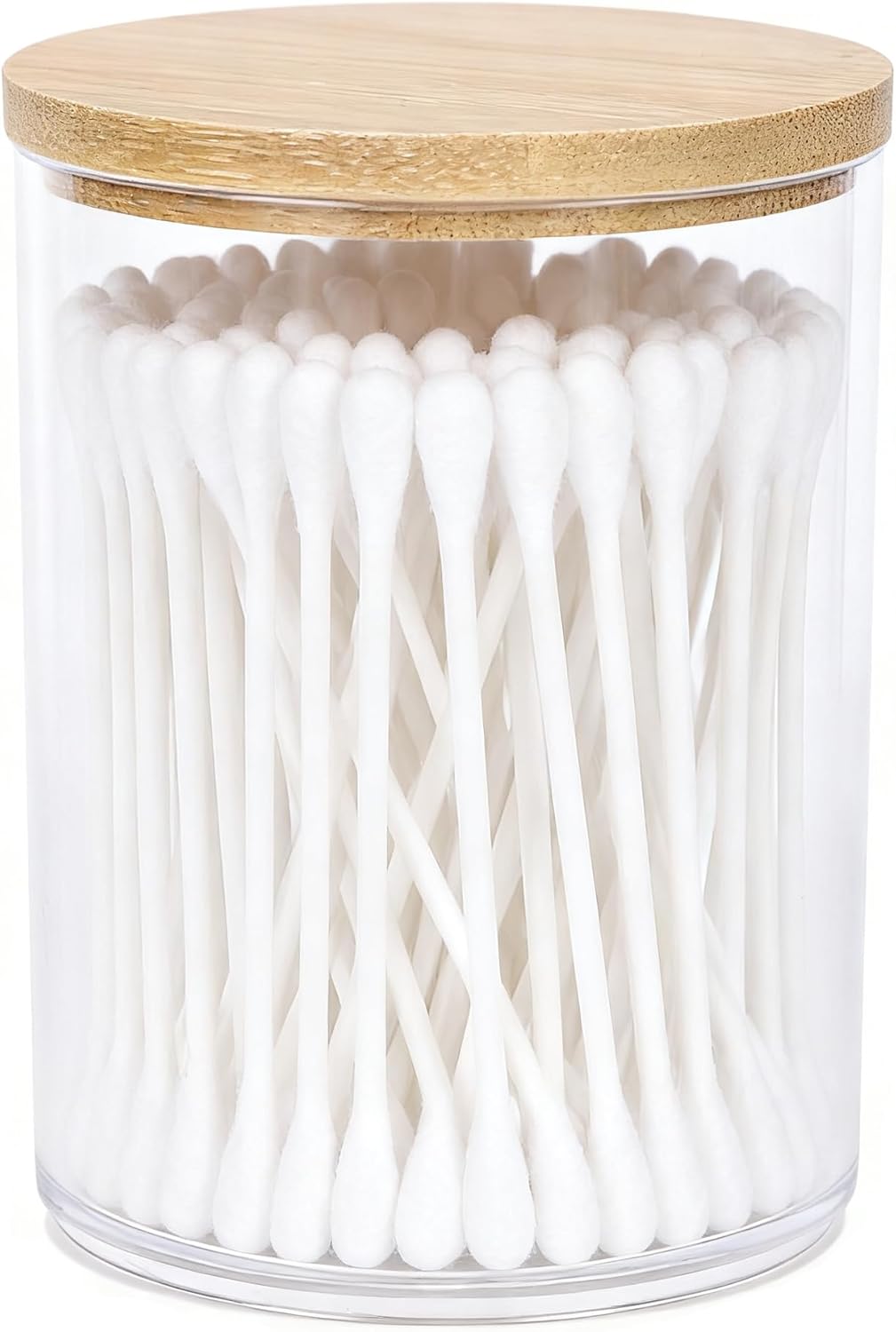 AXX Qtip Dispenser Apothecary Jars Bathroom - Qtip Holder Storage Canister Clear Plastic Jar for Cotton Swab,Q-Tips,Cotton Rounds (H#Bamboo 1Pcs)