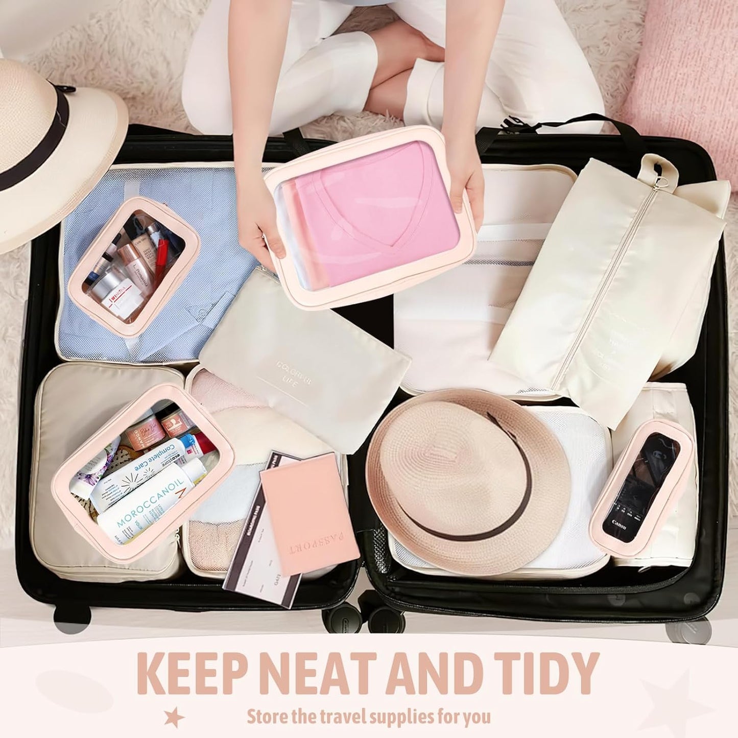 5PCS Clear Toiletry Bag,TSA Approved Travel Makeup Pouch with Zipper for Cosmetics and Toiletries,Diaper Bag Organizer Pouch Set,Women's Purse Organizer and Clear Car Bag