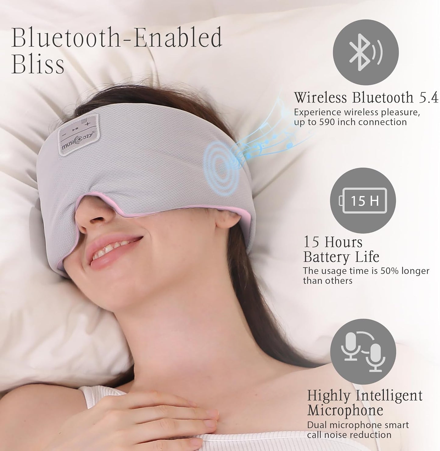 MUSICOZY Ice Silk Sleep Headphones with Bluetooth Mask, Eye Mask for Sleeping in Total Darkness, 5.4 Bluetooth Sleep Mask Sleep Headphones, Soft, Gifts for Men Women (Pink)