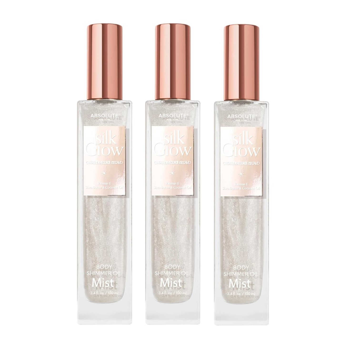 Absolute New York - Silk Glow Shimmer Mist Glow, Radiant, Shimmer Body & Face & Hair, Shea Butter, Coconut Oil, Vitamin E (SBGS01 White Plantinum Mist (Set of 3), 3.4 fl oz)