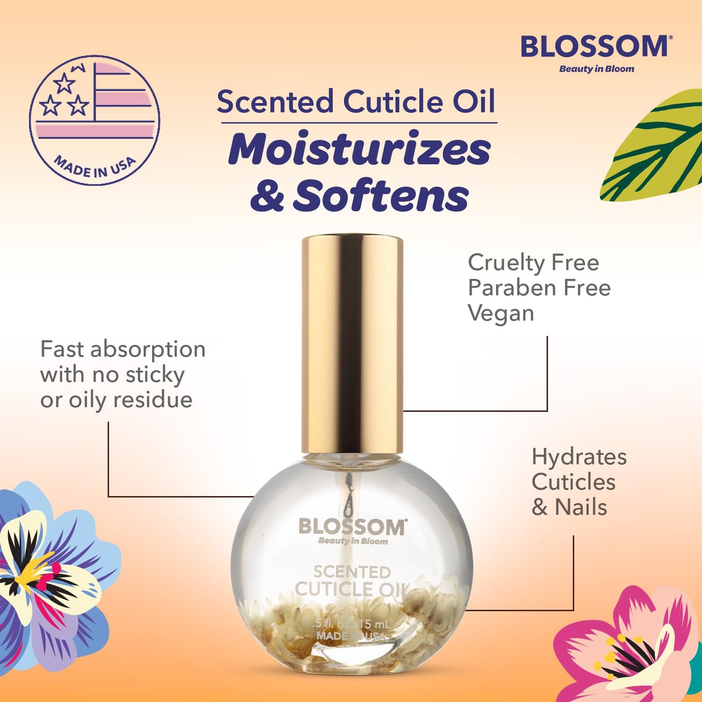 Blossom Cuticle Oil for Nails, Hydrating, Moisturizing, Scented Nail Oil Cuticle Care, Infused with Real Flowers, Made in USA, 0.5 fl. oz, Amazon Exclusive, Coconut