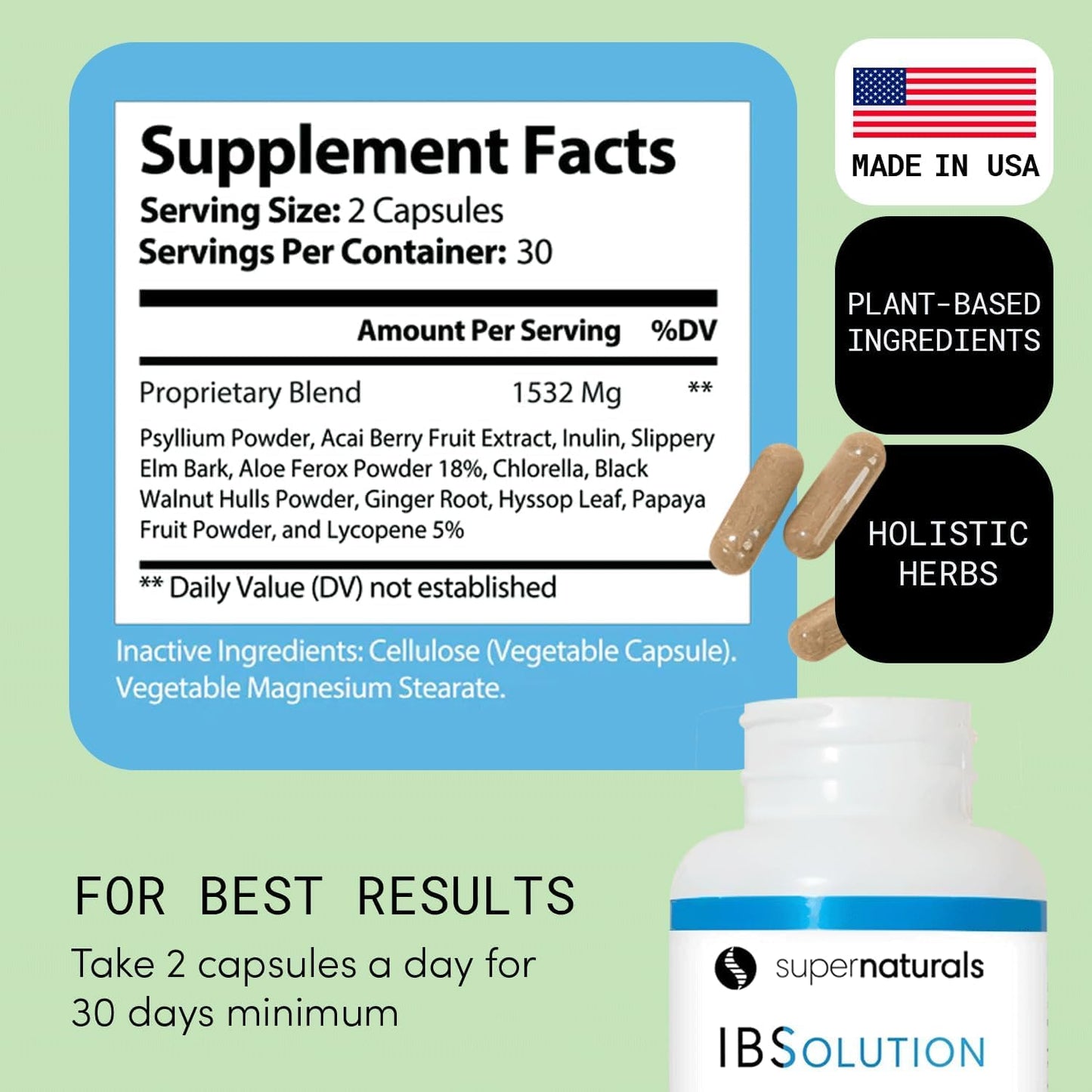 SuperNaturals IBSolution - Made in USA, Non-GMO, Gluten Free & Vegan (60 Capsules) - for Symptoms of IBS (Bloating, Constipation, Gas, Diarrhea, Abdominal Pain)