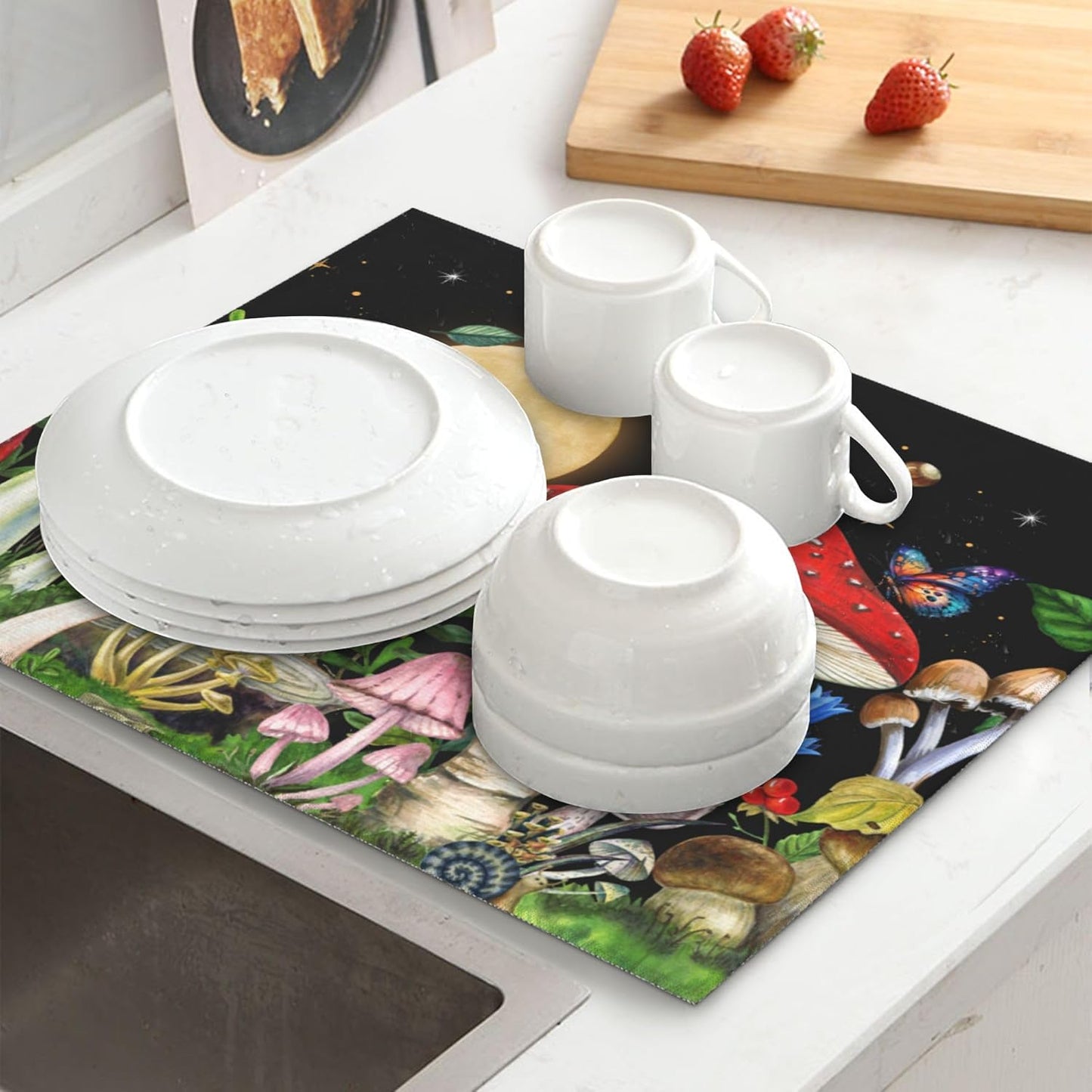 Mushroom Dish Drying Mat for Kitchen Counter Cute Decorative Dish Drainer Rack Mats 16x18 Inch Absorbent Reversible Witchy Drying Pad