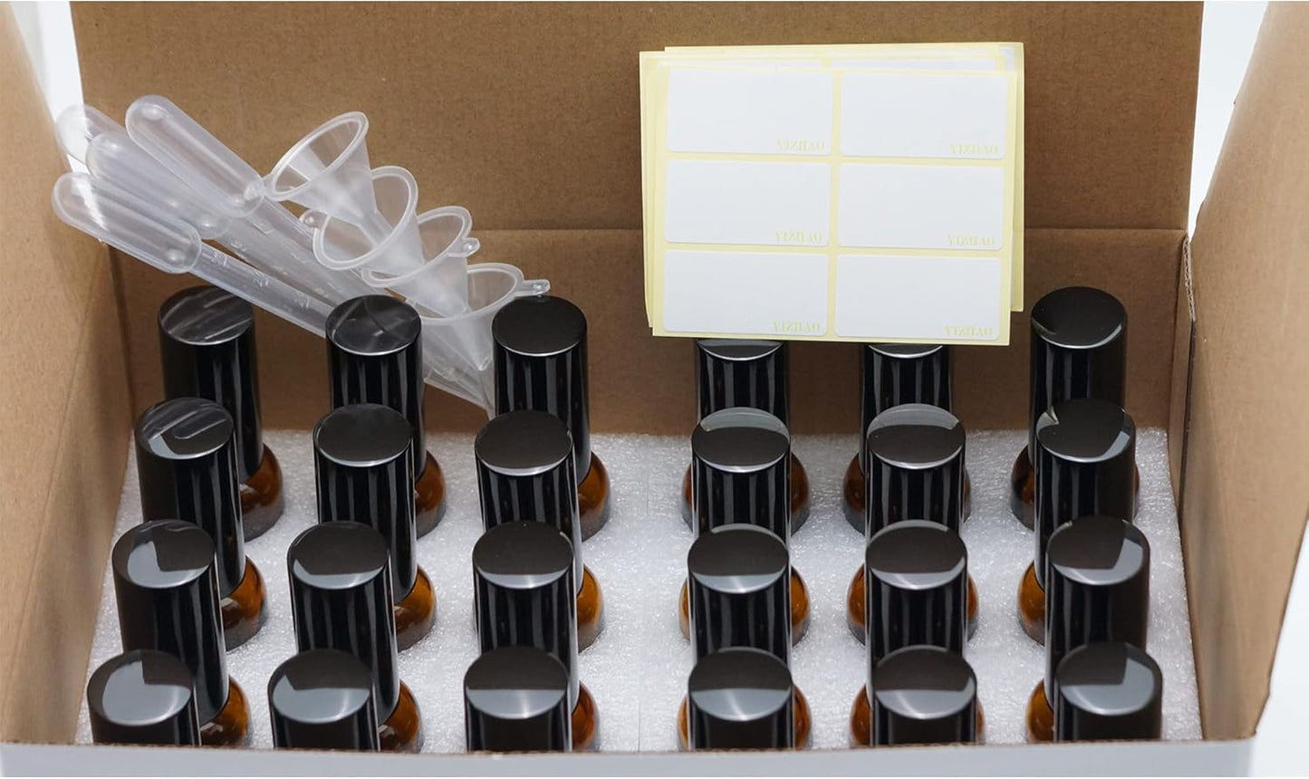 YIZHAO Black Glass Spray Bottles 1oz, with Small Fine Mist Spray, Metal Cap, Refillable for Essential Oil,Travel,Cleaning,Perfume,Aromatherapy,Makeup – 24 Pcs