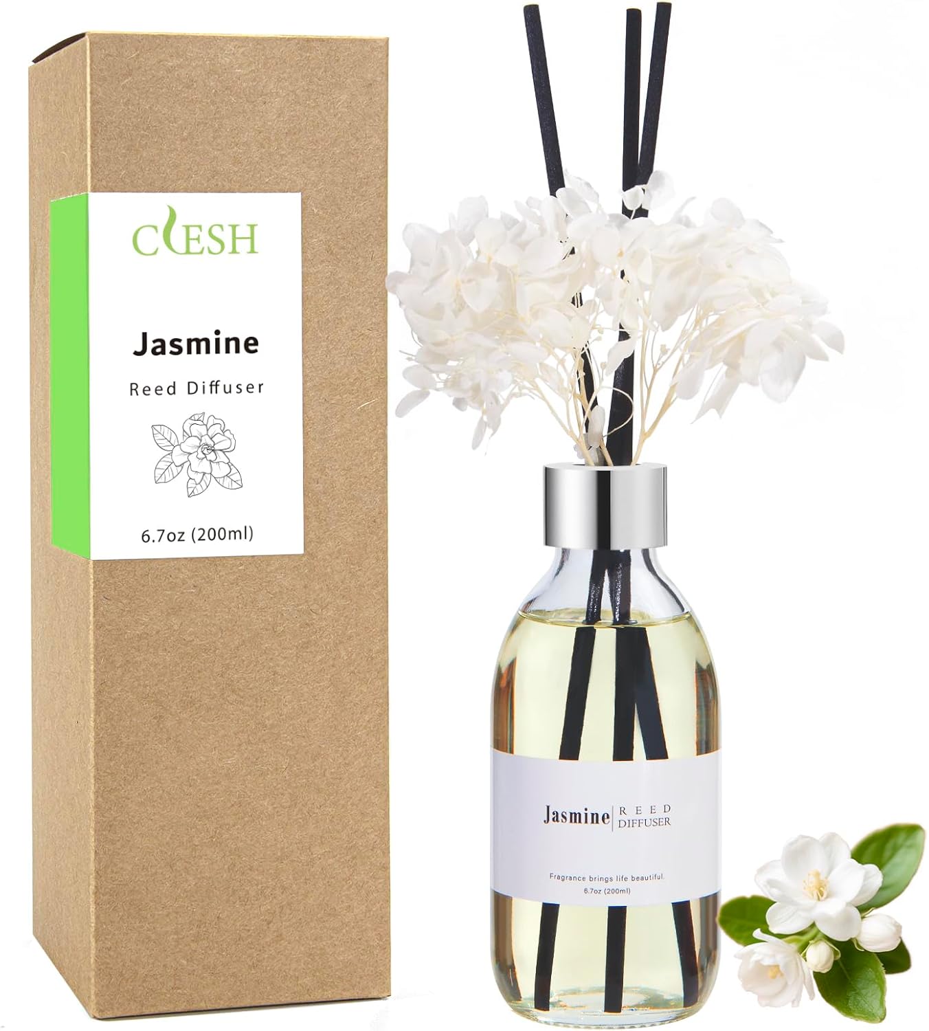 Clesh Reed Diffuser Set, 6.7 oz Jasmine Scented Diffuser with Sticks, Home Fragrance Reed Diffuser for Bathroom Shelf Decor