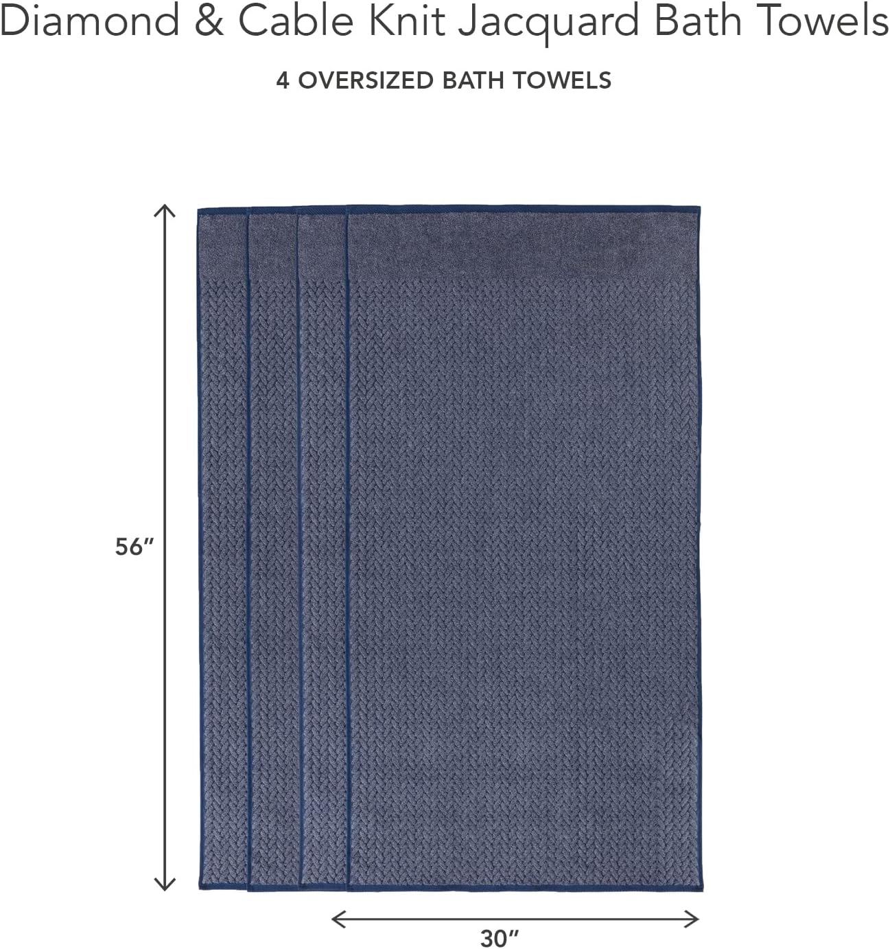 Texere 100% Organic Cotton Jacquard 650 GSM Premium Bath Towel Sets - Extra Absorbent Quick Dry and Plush (Cable, Estate Blue, 4 Bath Towels)
