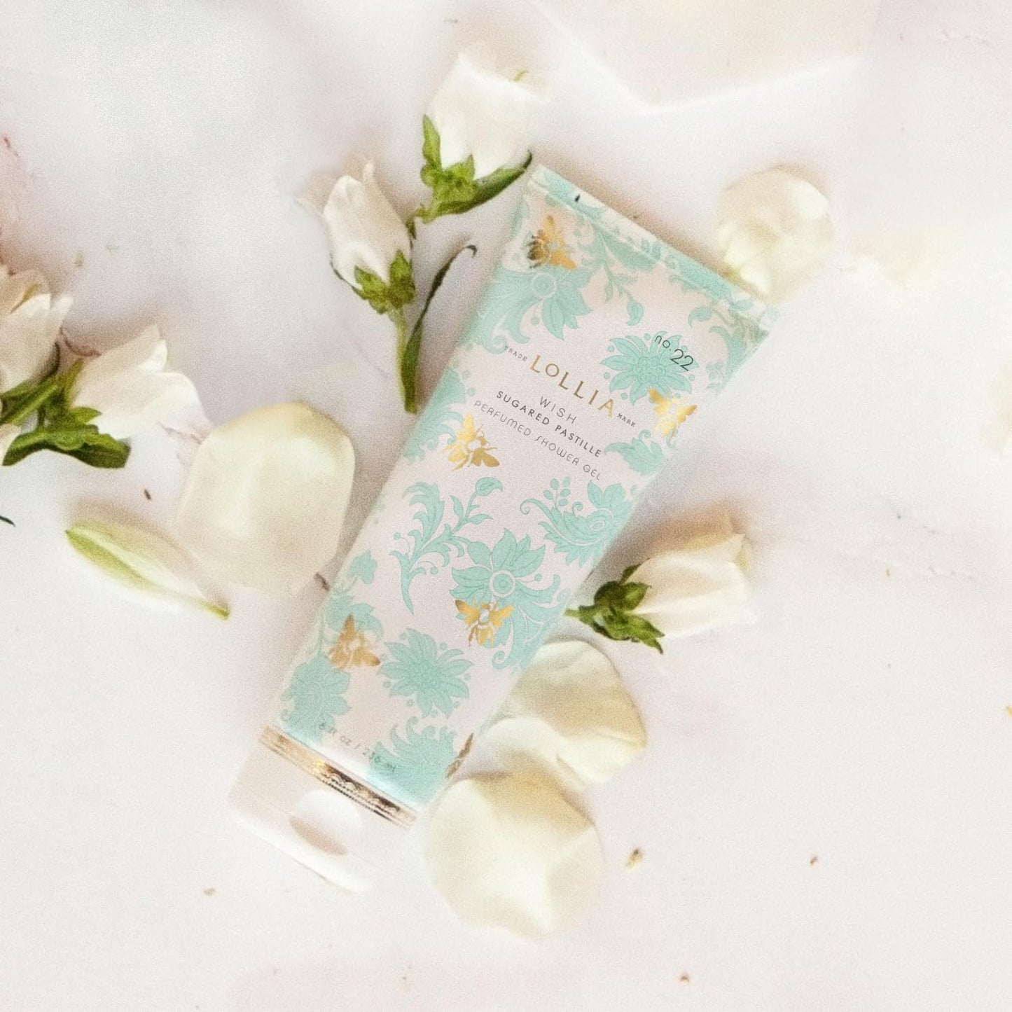 LOLLIA Wish Shower Gel, 8 fl oz, Vanilla Bean, Rice Flower, Jasmine Leaves, & Sugar Cane, Luxury Shea Moisture Hydrating Women's Body Wash, Delicate & Relaxing Scented Bath Soap for Self Care