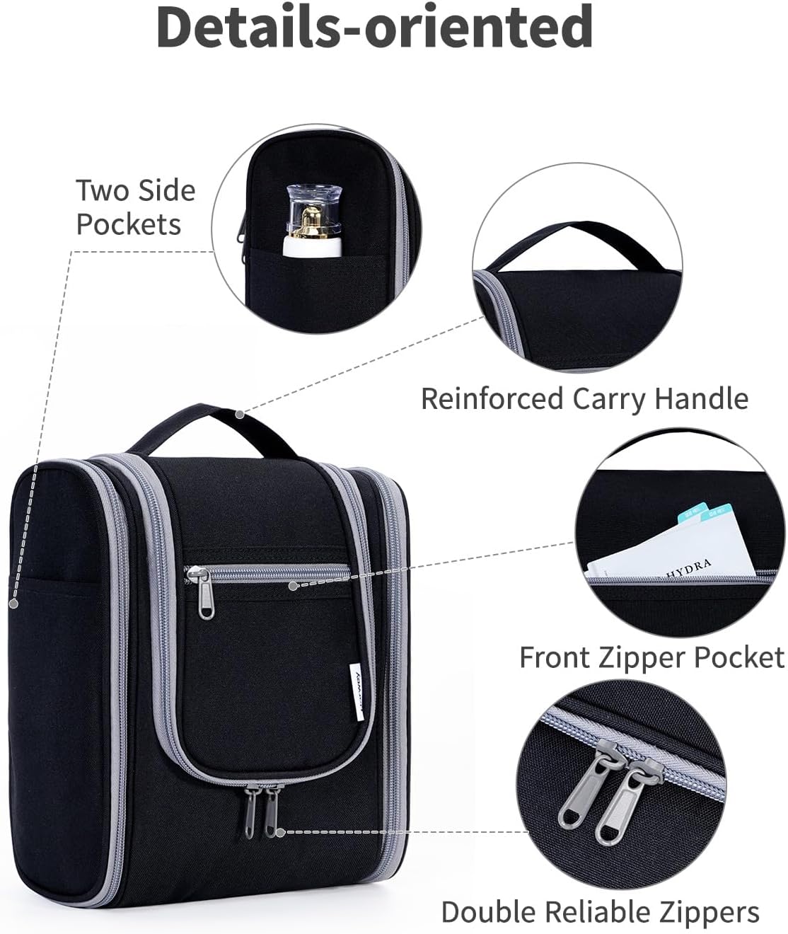 Narwey Small Hanging Travel Toiletry Bag Cosmetic Make Up Organizer for Women and Men (Medium, Black)