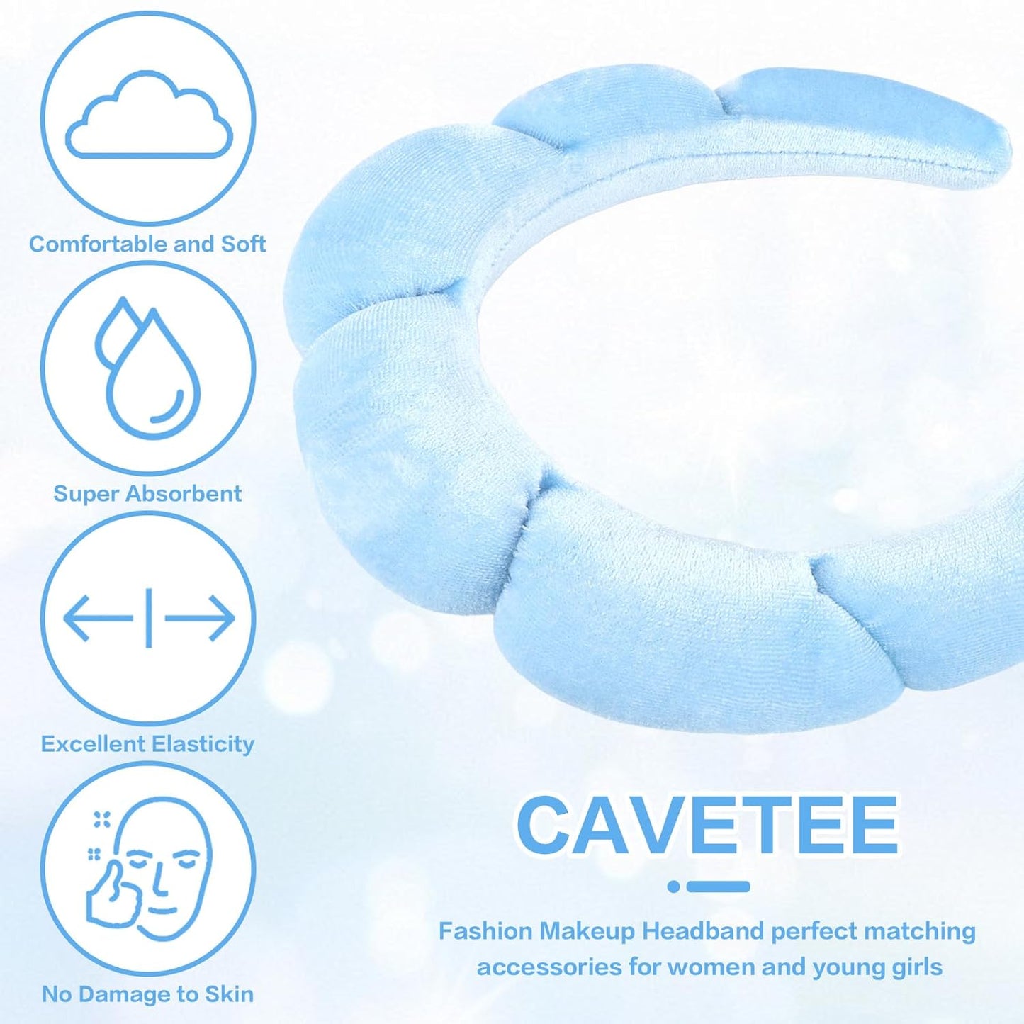CAVETEE Spa Headband for Washing Face, Sink Care Headband for Women Sponge Bubble Makeup Head band for Women, Soft Velour Hair Accessoriesfor Girls (Blue, one size)