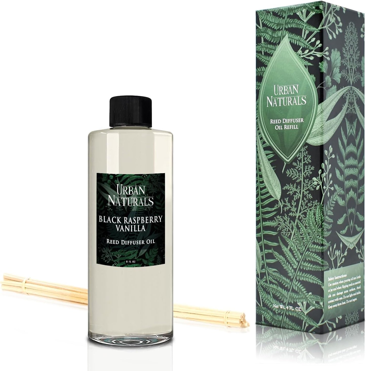 Urban Naturals Reed Diffuser Oil Refill Black Raspberry Vanilla with BlackBerry, Raspberry, Vanilla Orchid, Amber, Sandalwood 8 oz + Free Reed Sticks, Made in The USA