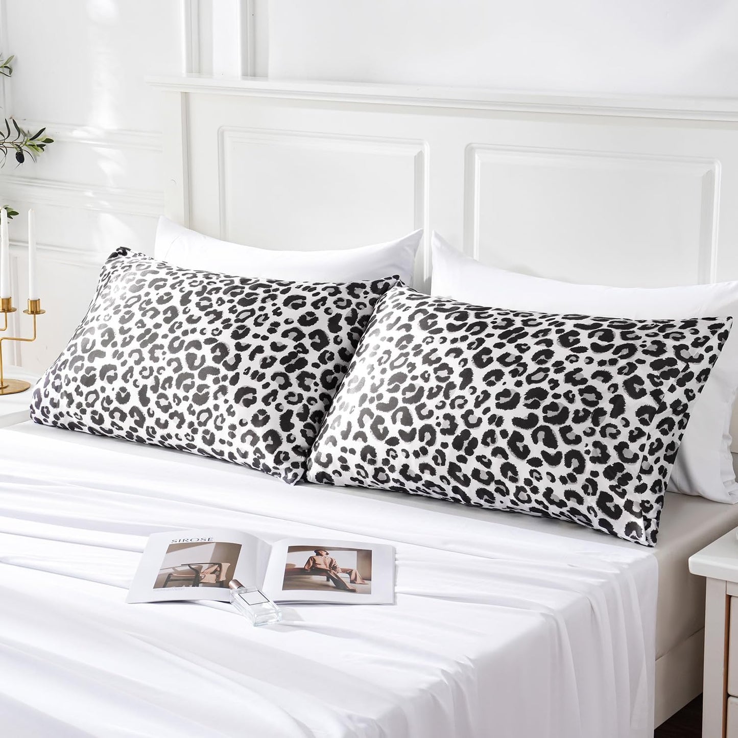 MR&HM Satin Pillowcase for Hair and Skin, Silk Satin Pillowcase 2 Pack, King Size Pillow Cases Set of 2, Silky Pillow Cover with Envelope Closure (20x36, White Leopard)