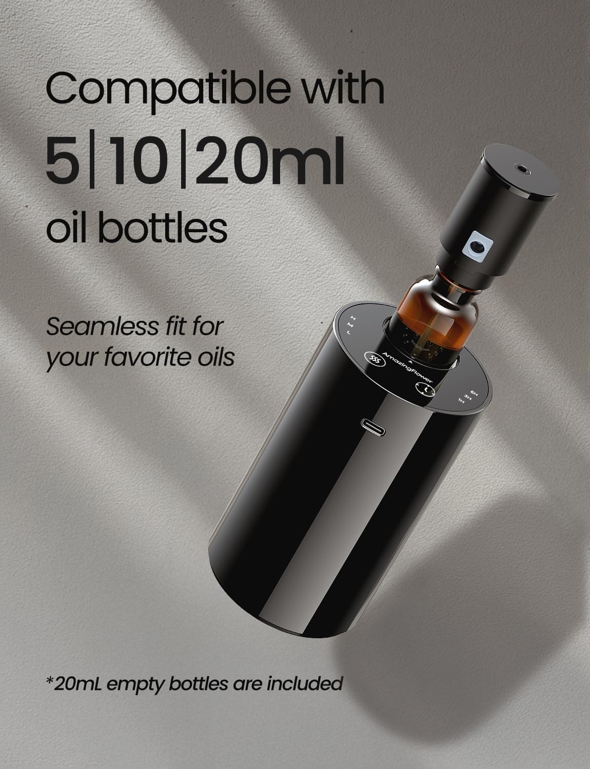 Waterless Essential Oil Diffuser, Portable Aromatherapy Diffuser with 20mL Capacity, Battery Operated Mini Scent Diffuser,3 Mist Levels & Timers, Leak-Free, for Home, Car, Office (Black 2 Pack)