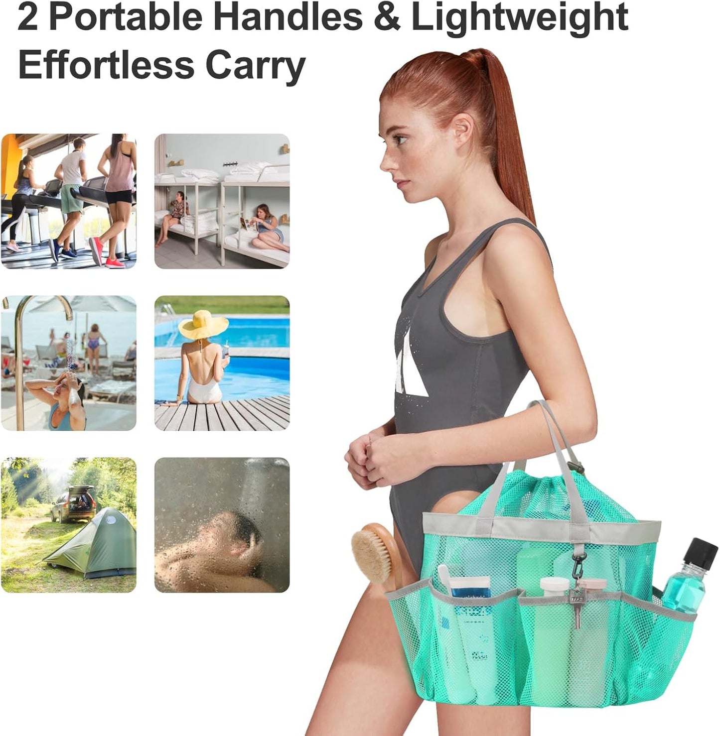 F-color Mesh Shower Caddy Portable with Drawstring - Upgrade Deeper 7 Pockets Dorm Room Essentials for Guys Girls with S Hook, Shower Bag Basket Tote for College Camping Bathroom, 2 Pack Mint Green