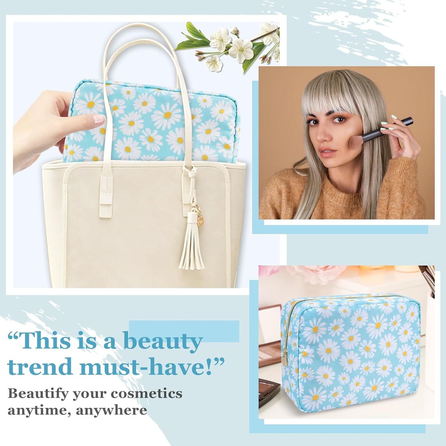 Nylon Large Floral Makeup Organizer Bag, Preppy Big Cute Flower Cosmetic Zipper Pouch Multi-compartment with Dividers, Waterproof Toiletry Make Up Brushes Bag Travel Essentials for Women(Blue-Daisy)